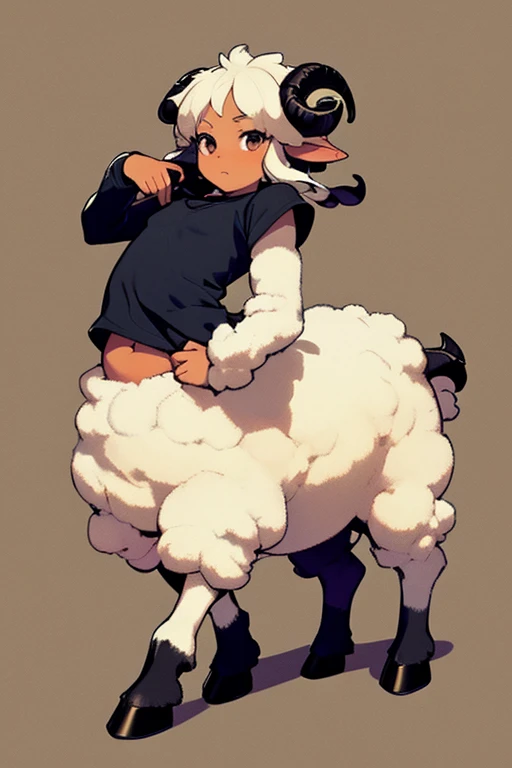 Sheep Woman、2 Men Arms、4 legs of lamb、quadrupedal walking、delicate、delicate face、black skin、Lamb&#39;s ear、Curved Ram Horn、gray hair、White sheep&#39;s wool、flat chest、T-shirt、(belly button)、Super high quality