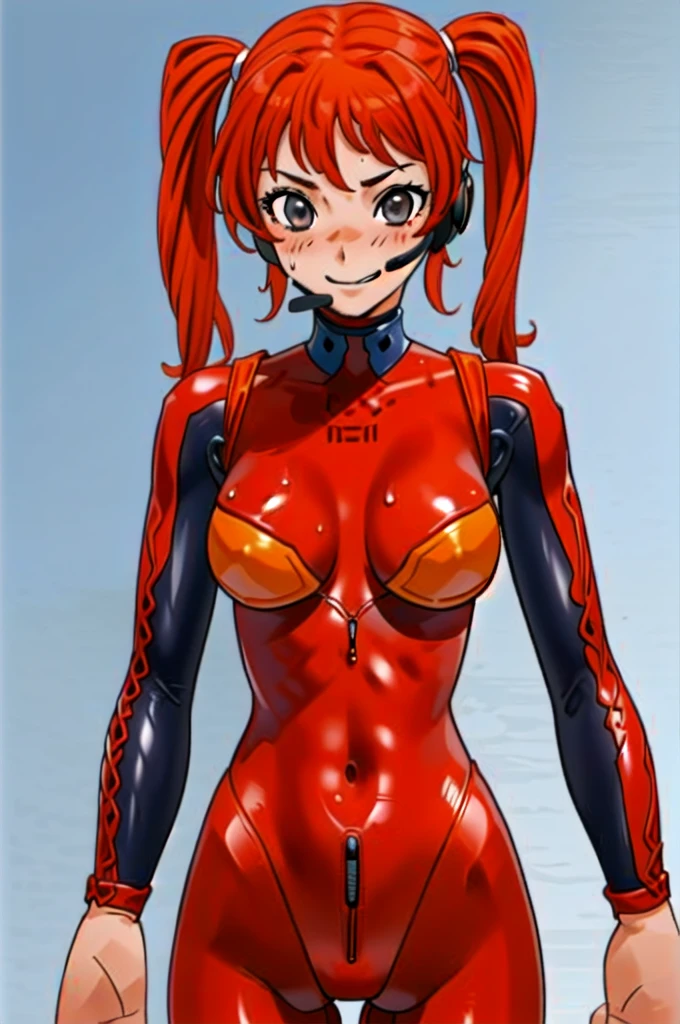 Twintail, red haired, 1girl, (grey eyes:1.5), well toned, well built, muscled, toned muscles, blushing, sweating, smiling, ((interface headset, red bodysuit:1.4)), (beautiful and detailed eyes:1.1), (unziped suit from neck to navel:1.3), (exposed breasts:1.2)