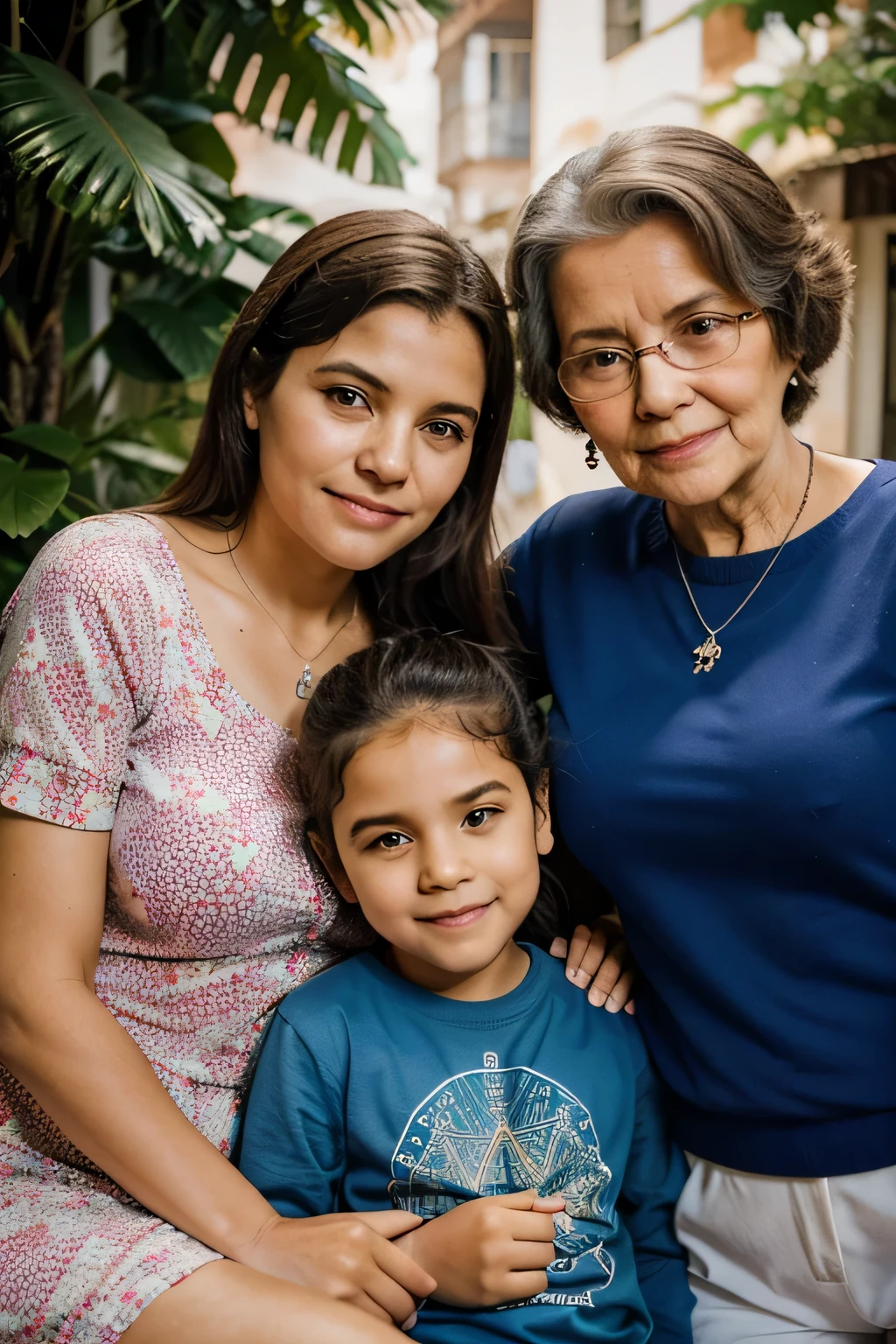 Uma foto com a bisgrandmother, grandmother, mother and daughter. No fundo um mapa astral