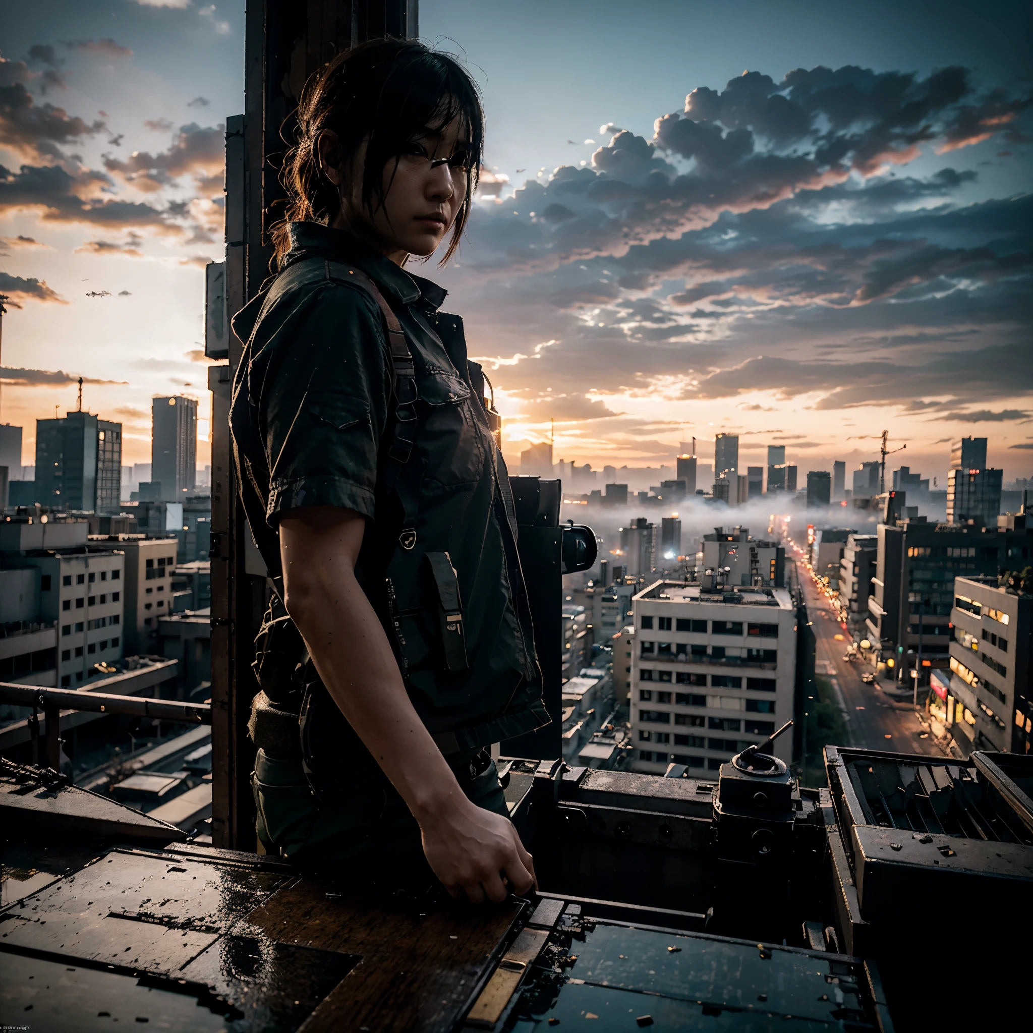 OVERHEAD VIEW, A JAPANESE SNIPER ON TOP OF A BUILDING, 30 YEARS OLD, OBSERVATION POSE, SUN RISE, LOOKING AT THE ULTRA DATAILED POST-APOCALYPSE RUINED AND DESTROYED TOKYO CITY, HOSTILE ENVIRONMENT, IMPACTFUL VISUAL DESTRUCTION, STYLE THE LAST OF US, outdoor PHOTO, CINEMATIC LIGHTS, FANTASY, HBO, UNREAL ENGINE 5, ray tracing, award winning photo, MASTERPIECE photograpy, trending on artstation, HIGHT RESOLUTION, HDR, UHD, 8K, BY NAUGHTY DOG