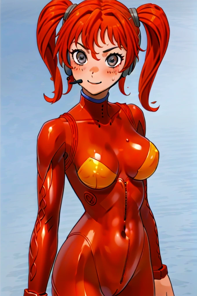 Twintail, red haired, 1girl, (grey eyes:1.5), well toned, well built, muscled, toned muscles, blushing, sweating, smiling, ((interface headset, red bodysuit:1.4)), (beautiful and detailed eyes:1.1), (unziped suit from neck to navel:1.3), (exposed breasts:1.2), open suit revealing torso in a v-shape