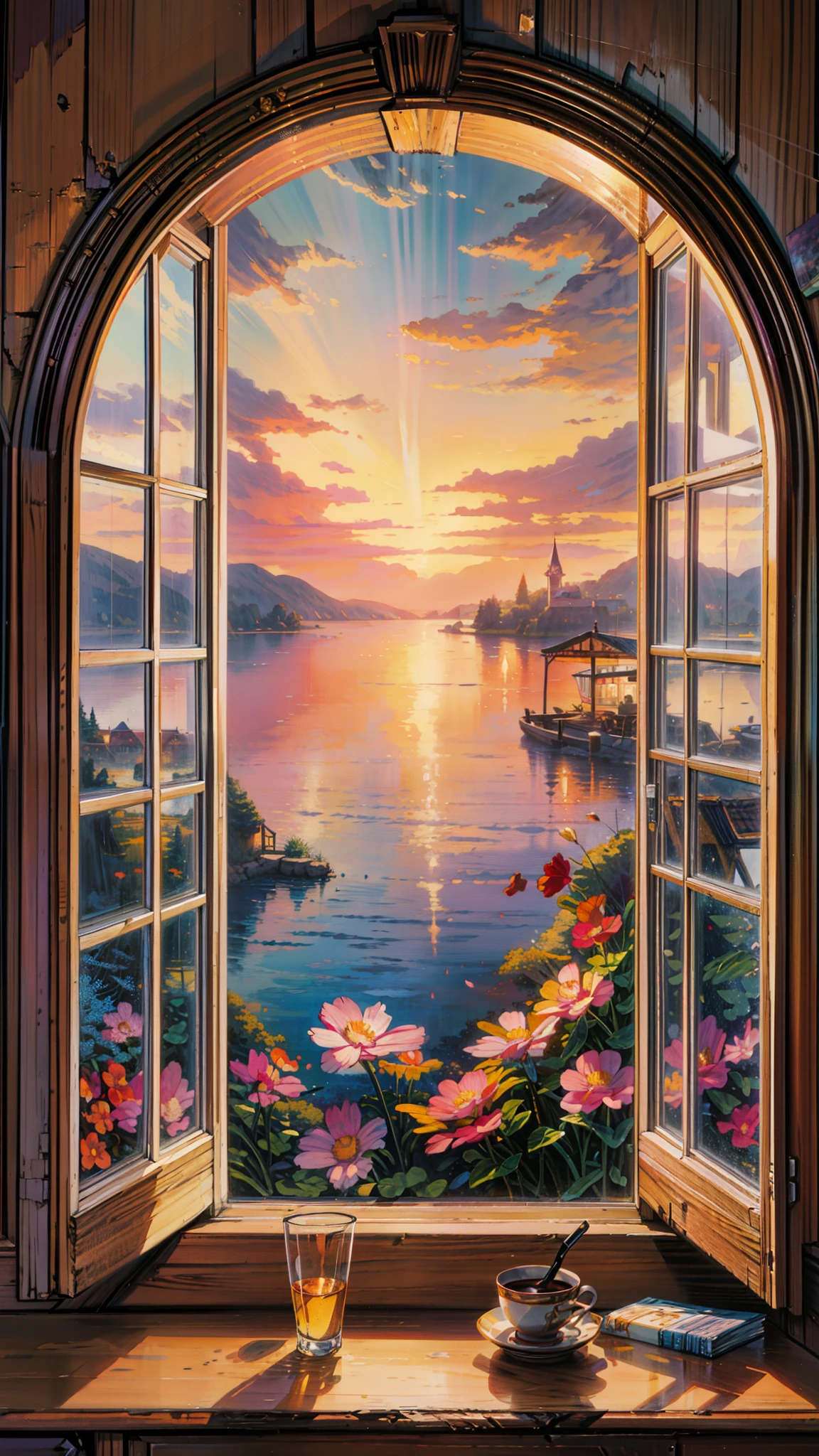 a painting of a window with a view of a lake, floral sunset, ( ( thomas kinkade ) ), dream scenery art, dan mumford and thomas kinkade, thomas kinkade style painting, tomas kinkade, scenery artwork, beautiful fantasy painting, photo of a beautiful window, painting by dan mumford, style thomas kinkade, thomas kinkade painting, painting of a room