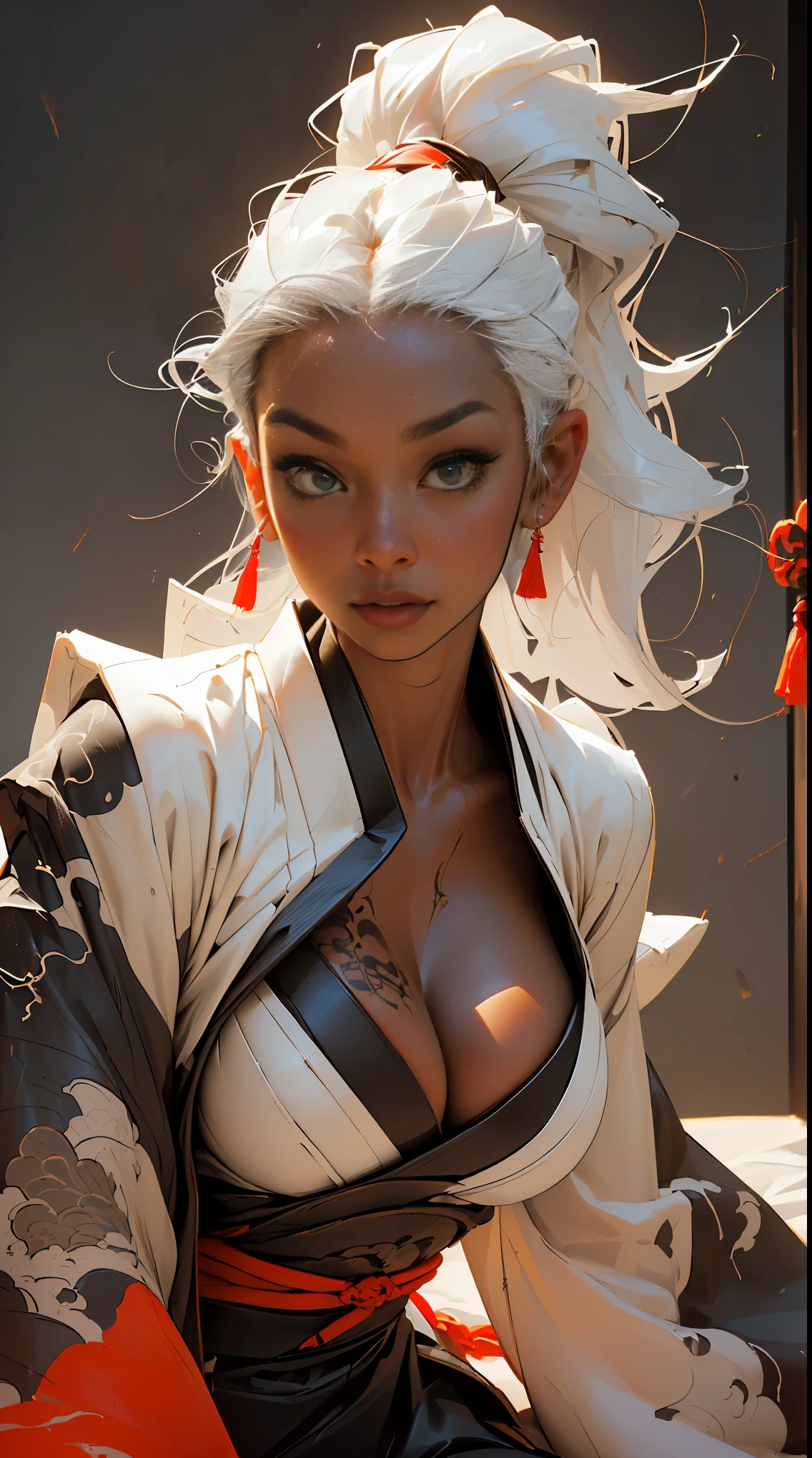 ((21-year-old))) black girl, (((very dark african skin))), (((close up pov full body portrait, sexy seductive slutty pose, ((accentuated super huge enormously gigantic nude tits, cleavage showing, wearing highly detailed and beautiful kimono))), (((very long wavy curly platinum white hair in a ponytail))), (((tattoo sleeves and piercings))), lots of african tribal tattoo sleeves, dark fantasy art, post apocalyptic art, Rich, Deep Colours, (intricate details:0.9), (HDR, hyper-detailing:1.2), (natural dark african skin textures, hyper realisitc, anime realistic, light, Sharp), luxurious Japanese bedroom background