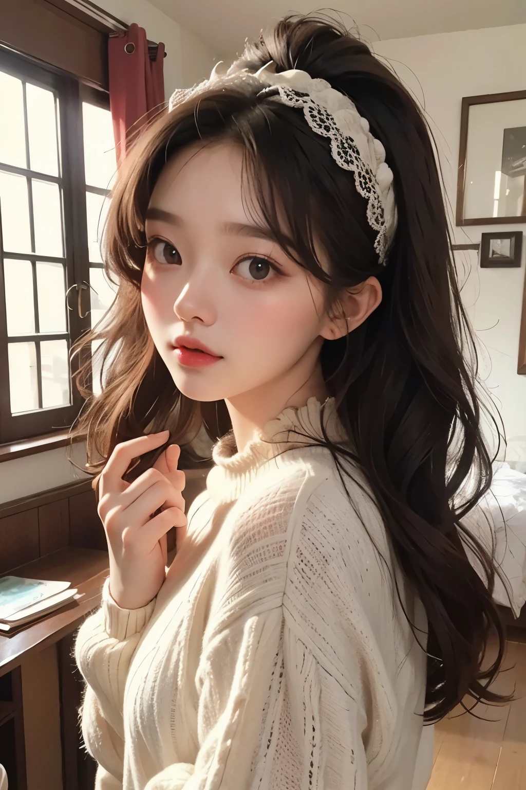 masterpiece, best quality, 8 thousand, 24 years old, photo beast, absurd, award-winning portraits, pure, korean beauty, spring, A colorful and stylish room, laces, cute, right, healthy, Beloved, perfect hands, Innocent Girl, fluttering hair, Random Actions, 무작위 clothes, (clothes:random multi color), Popular hairstyles in Korea,