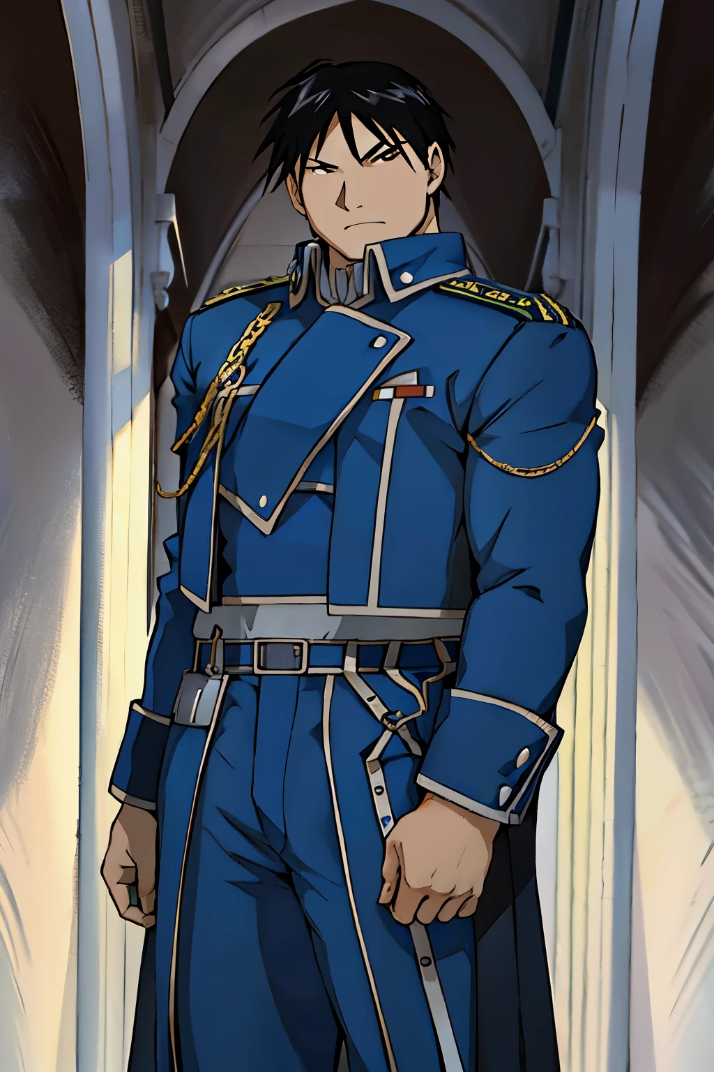 Roy Mustang de Full Metal Alchemist, wearing his blue military suit but open, showing his pectorals and abdomen when he is shirtless, musculoso, guapo, piernas grandes, cuerpo definido, (absurdo, high resolution, ultra detallado), 1 male, maduro, hombros anchos, ojos y rostro finamente detallado