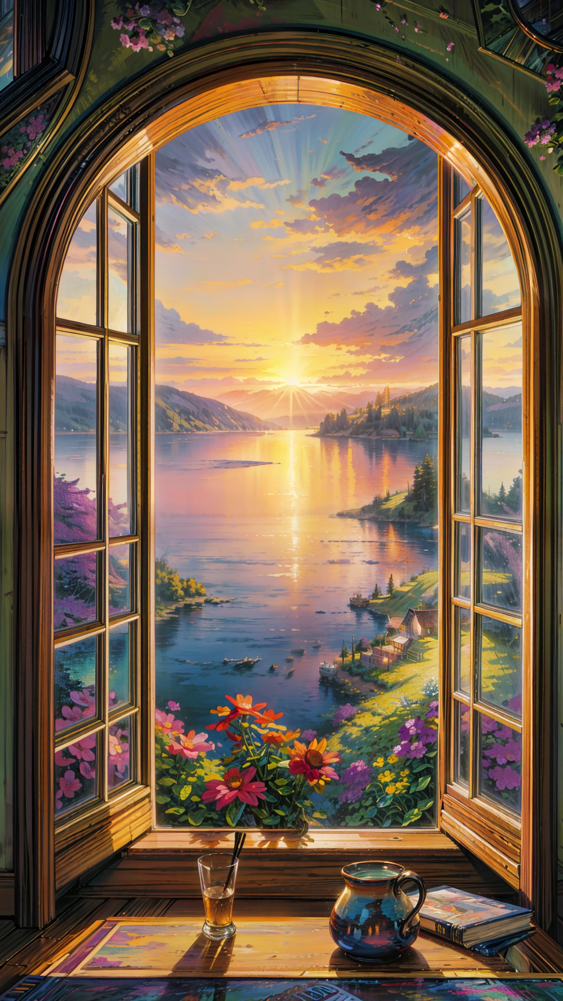 a painting of a window with a view of a lake, floral sunset, ( ( thomas kinkade ) ), dream scenery art, dan mumford and thomas kinkade, thomas kinkade style painting, tomas kinkade, scenery artwork, beautiful fantasy painting, photo of a beautiful window, painting by dan mumford, style thomas kinkade, thomas kinkade painting, painting of a room