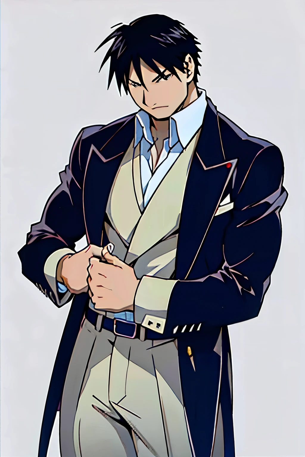 Roy Mustang de Full Metal Alchemist, usando una camisa blanca formal con las mangas arremangadas, musculoso, guapo, piernas grandes, cuerpo definido, (absurdo, high resolution, ultra detallado), 1 male, maduro, hombros anchos, ojos y rostro finamente detallado