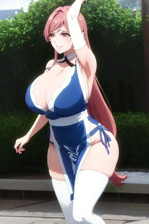 masterpiece, best quality, beautiful art, high resolution, well formed hands, body and fingers, 1 woman, solo, Hahari Hanazono, big breasted, cleavage full body, long hair, hair ornament, gorgeous legs and thighs, blue_kunoichi_dress, white stockings, sleeveless, she is doing exercise, warming up, stretching her body, bouncing breasts, sexy and erotic training, working out, sweating, smiling joyfully and brightly, training montage session, beach environment