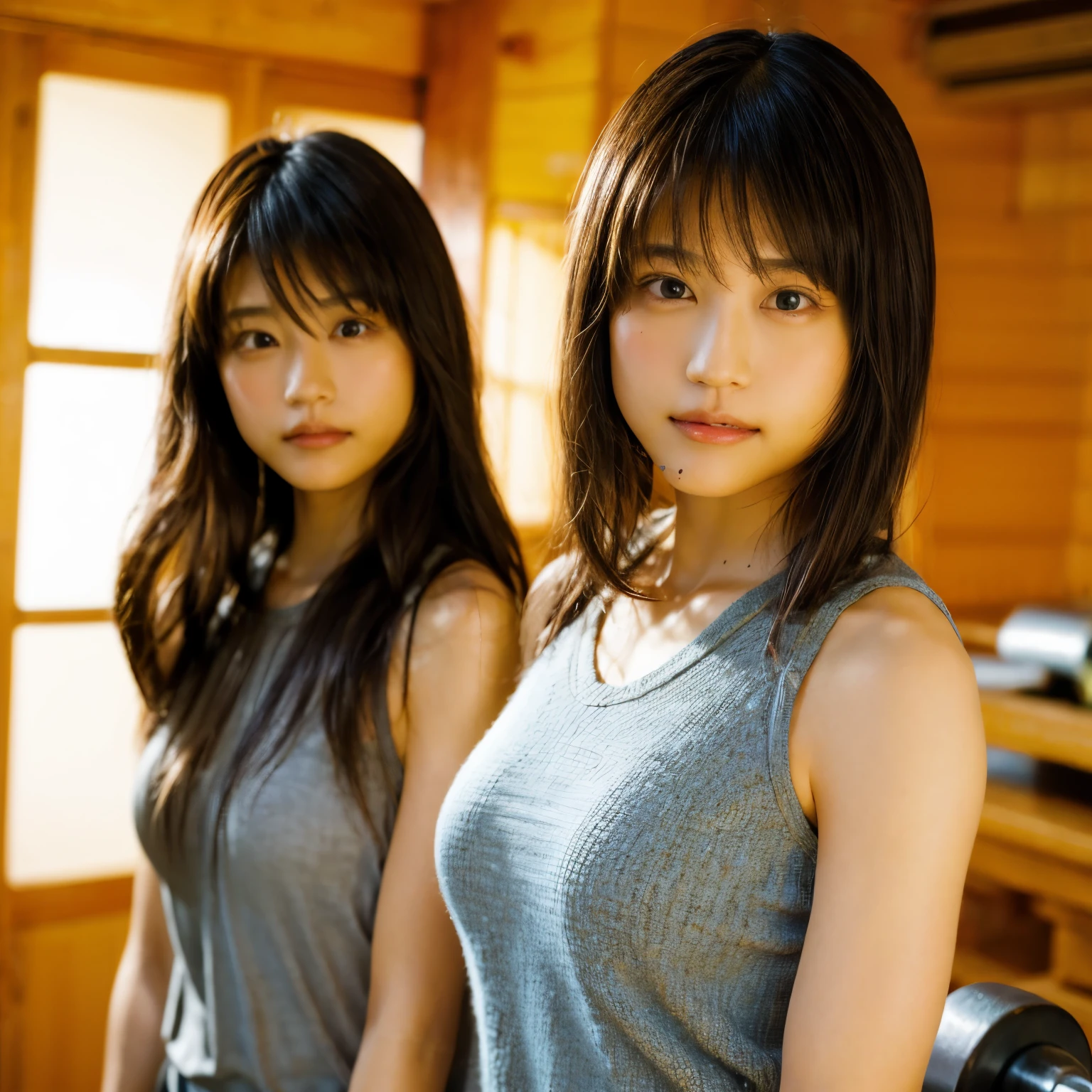 Beautiful identical twin sisters、(8K、Raw photo、highest quality、masterpiece:1.2)、(realistic、Photoreal:1.37)、Super detailed、超A high resolution、1 girl、Genuine uneven frame included.、Kasumi Arimura、see the beholder、Beautiful and dense face、smile、narrow、(Muscular style) :1.3)、gymnastics、beautiful and smooth skin、skin texture、professional lighting、Full body Esbian、I&#39;Iは筋トレをしています.....、(muscular body)、Hold dumbbells