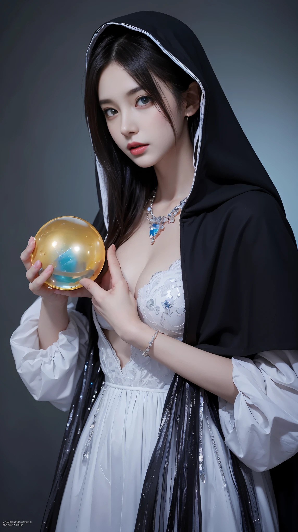 (and soul)(secondary elements)1 girl、blue hair、hair length、blue eyes、gradient eyes、sparkling eyes、bright pupils、finely tuned、expressive eyes、blue clothes、gem、blue lighting、blue theme、(form:1.5)、abstract、highest quality、Super detailed、(((Holding a crystal ball)))、8K,超realistic,(table top, highest quality) Daniela Dimitrescu, 1 female, looking for at Viewer, open your mouth, background, cleavage, real looking skin,jewelry, medium small breasts, looking for, Upper body, flower, wing, hood, necklace, cape, good, compensate, bug, Lipstick, Inside the Black Cave, precious stone, pale skin, veil, hood up, realistic, black lips,超A high resolution,Purple Flame(Purple Effect)