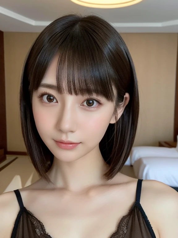 highest quality, table top, 超A high resolution, (realistic:1.4), Raw photo, realistic, 
,((Lie)),full body shot,(detailed face),　(19 year old beautiful japanese girl)、(natural makeup),1 female,brown hair,shortcut,asymmetrical hair,asymmetrical bangs, thin,cinematic lighting,luxury hotel room、see-through nightgown、