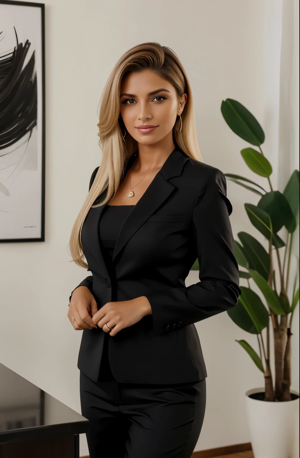 A woman in a black suit standing in front of a desk - SeaArt AI