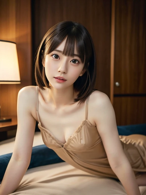 highest quality, table top, 超A high resolution, (realistic:1.4), Raw photo, realistic, 
,((Lie)),full body shot,(detailed face),　(19 year old beautiful japanese girl)、(natural makeup),1 female,brown hair,shortcut,asymmetrical hair,asymmetrical bangs, thin,cinematic lighting,luxury hotel room、see-through nightgown、