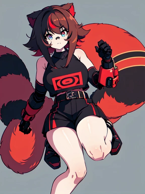 Masterpiece, intricate, anime style, full body, 1girl, rakkun, mecha girl, tanuki ears, red inner ears, red inner ear hair, 1tail, fluffy tail, racoon tail, brown and light brown ringed tail, beautiful eyes, detailed eyes, red and blue eyes blurred, cyber eyes, short hair, red inner hair, brown hair, a strand of hair on the left side, red hair strips, cybernetic body, mecha arms, mecha legs, mechanical arms, mechanical legs, short black shirt uncovered on the shoulders and with a black mesh with black borders up to the collar, polo shirt, short black skitr whit dark red checkered, black belt around the waist, looking at viewer, detailed face, best quality, 4k,highres, professional art, professional drawing, professional lineart, outlined markers