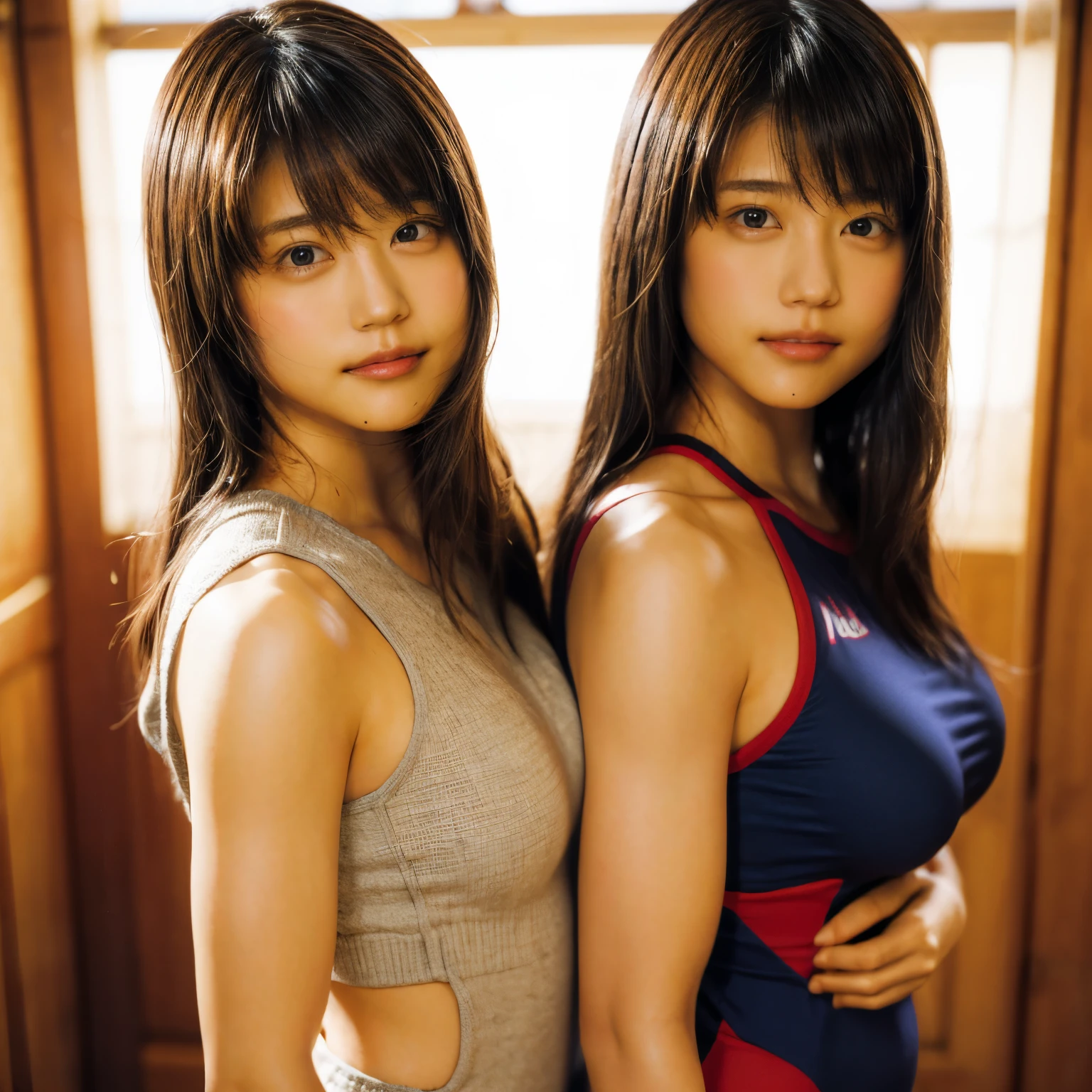 Beautiful identical twin sisters、(8K、Raw photo、highest quality、masterpiece:1.2)、(realistic、Photoreal:1.37)、Super detailed、超A high resolution、1 girl、Genuine uneven frame included.、Kasumi Arimura、see the beholder、Beautiful and dense face、smile、narrow、(Muscular style) :1.3)、gymnastics、beautiful and smooth skin、skin texture、professional lighting、Full body Esbian、I'Iは筋トレをしています.....、(muscular body)、Hold dumbbells