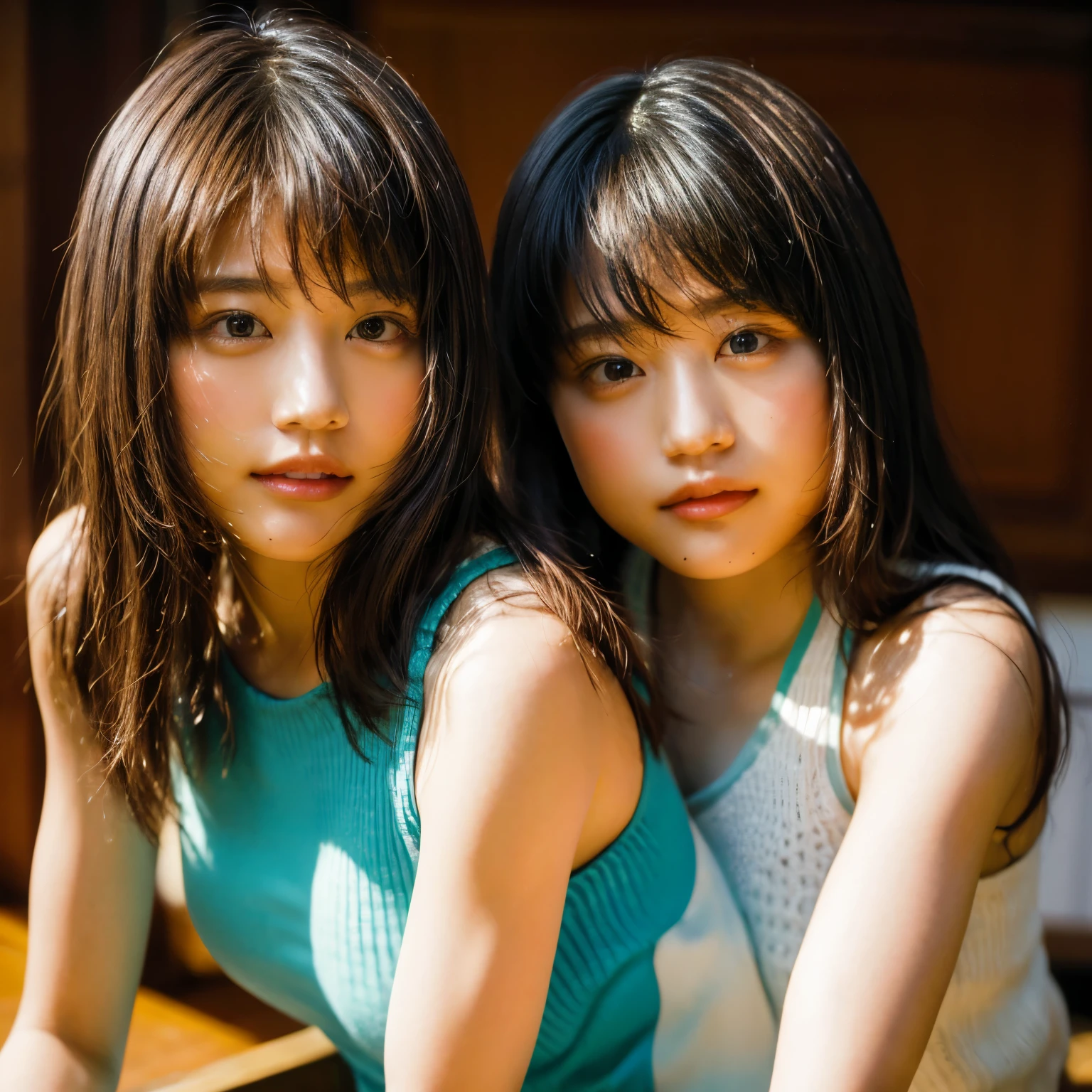 Beautiful identical twin sisters、(8K、Raw photo、highest quality、masterpiece:1.2)、(realistic、Photoreal:1.37)、Super detailed、超A high resolution、1 girl、Genuine uneven frame included.、Kasumi Arimura、see the beholder、Beautiful and dense face、smile、narrow、(Muscular style) :1.3)、gymnastics、beautiful and smooth skin、skin texture、professional lighting、Full body Esbian、I&#39;Iは筋トレをしています.....、(muscular body)、Hold dumbbells