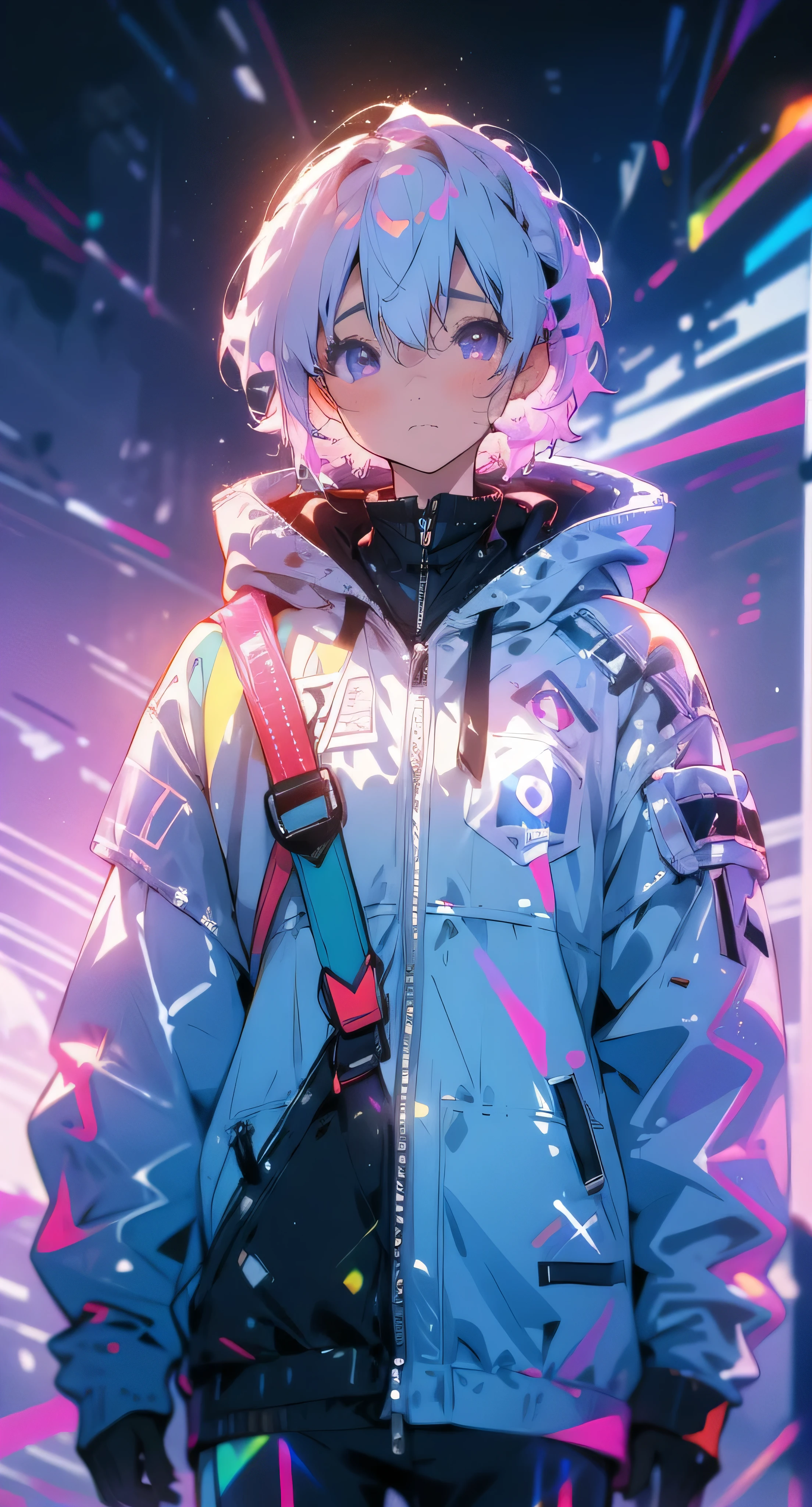 (best quality,4k,8k,highres,masterpiece:1.2), ultra-detailed, (realistic,photorealistic,photo-realistic:1.37), portrait, man, sad expression, purple glowing radiant eyes, white hair, cyberpunk hoodie and pants, neon colors, dramatic lighting, smoke, futuristic cityscape