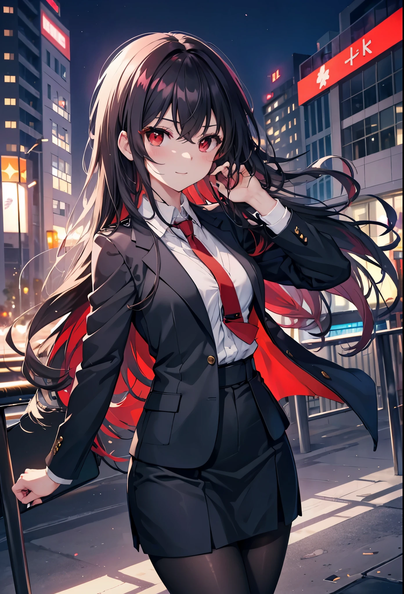 Commercial Purpose, utaha kasumigaoka, black hair, white hair band, long hair, (red eyes:1.5),blush,happy smile, smile, open your mouth,OL, red glasses, end, black suit jacket, collared jacket, white dress shirt, collared shirt, neckline, button, strap, ID card on the neck, black pencil skirt, black pantyhose,stiletto heels,morning,morning陽,the sun is rising,
break looking at viewer,whole body,(cowboy shot:1. 5)
break outdoors, building street,city,
break (masterpiece:1.2), highest quality, High resolution, unity 8k wallpaper, (shape:0.8), (fine and beautiful eyes:1.6), highly detailed face, perfect lighting, Very detailed CG, (perfect hands, perfect anatomy),