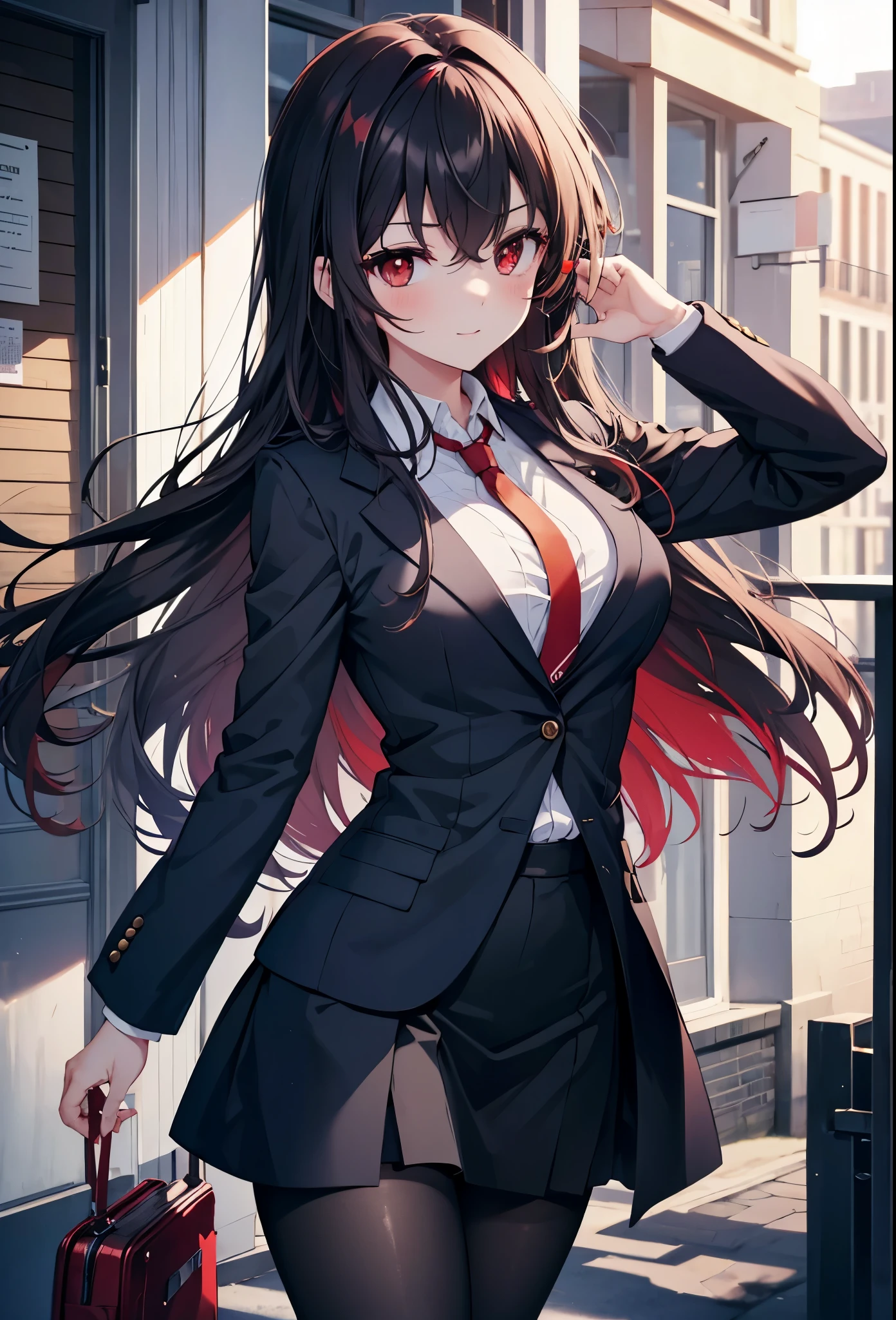 Commercial Purpose, utaha kasumigaoka, black hair, white hair band, long hair, (red eyes:1.5),blush,happy smile, smile, open your mouth,OL, red glasses, end, black suit jacket, collared jacket, white dress shirt, collared shirt, neckline, button, strap, ID card on the neck, black pencil skirt, black pantyhose,stiletto heels,morning,morning陽,the sun is rising,
break looking at viewer,whole body,(cowboy shot:1. 5)
break outdoors, building street,city,
break (masterpiece:1.2), highest quality, High resolution, unity 8k wallpaper, (shape:0.8), (fine and beautiful eyes:1.6), highly detailed face, perfect lighting, Very detailed CG, (perfect hands, perfect anatomy),