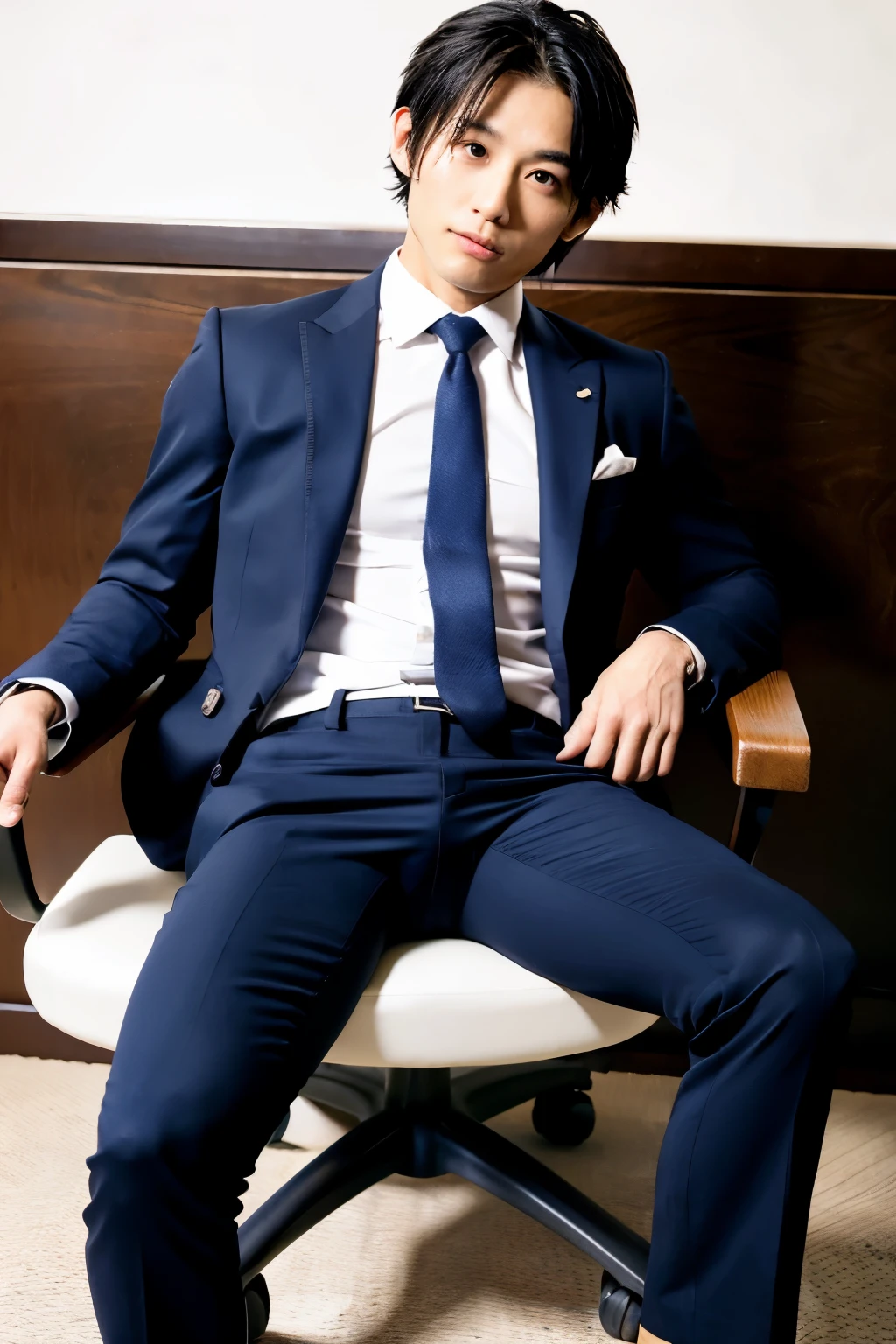 Japanese, muscular man in navy suit, bulging crotch, erection, bulging crotch, bulging thighs, male, sitting in chair, short hair, narrow eyes