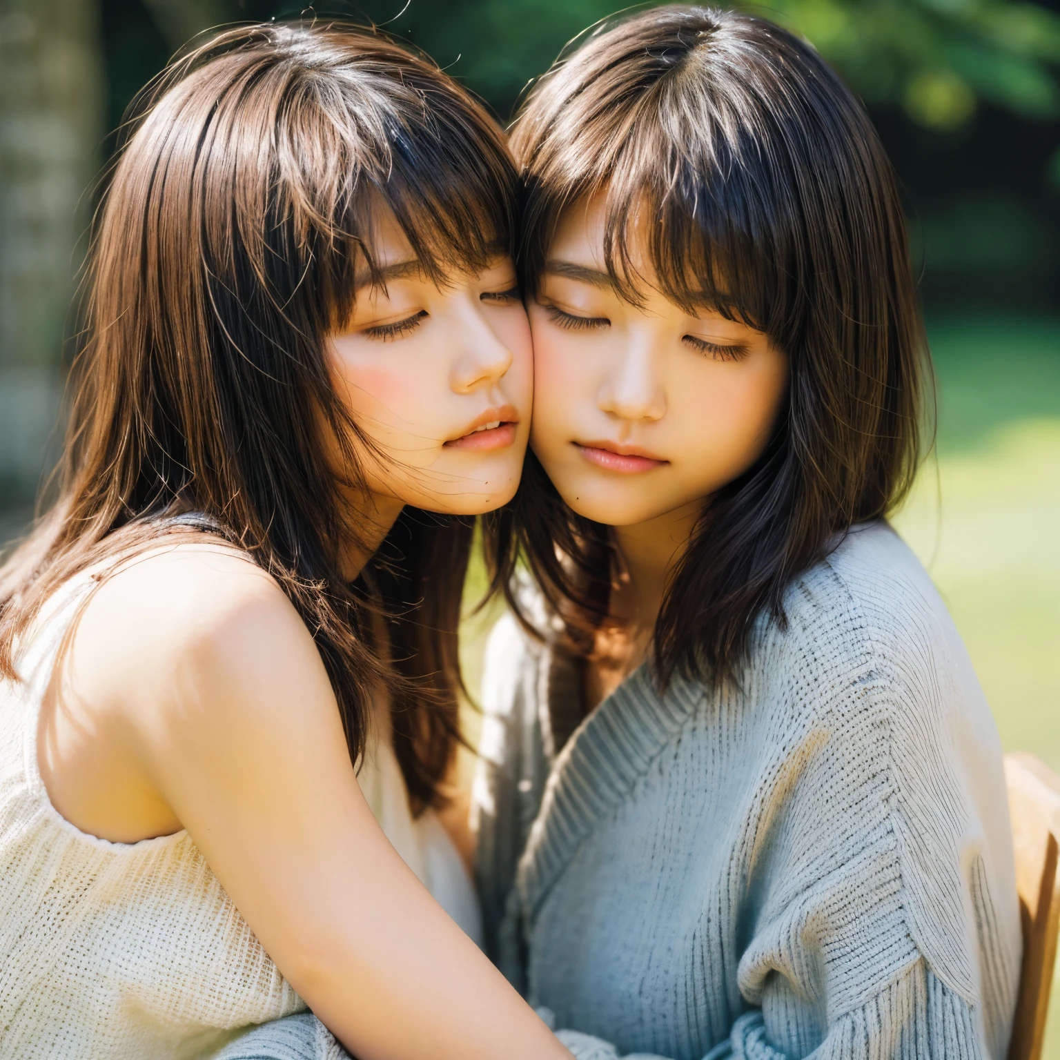 identical twin sisters、close your eyes、Trying to kiss, , bangs