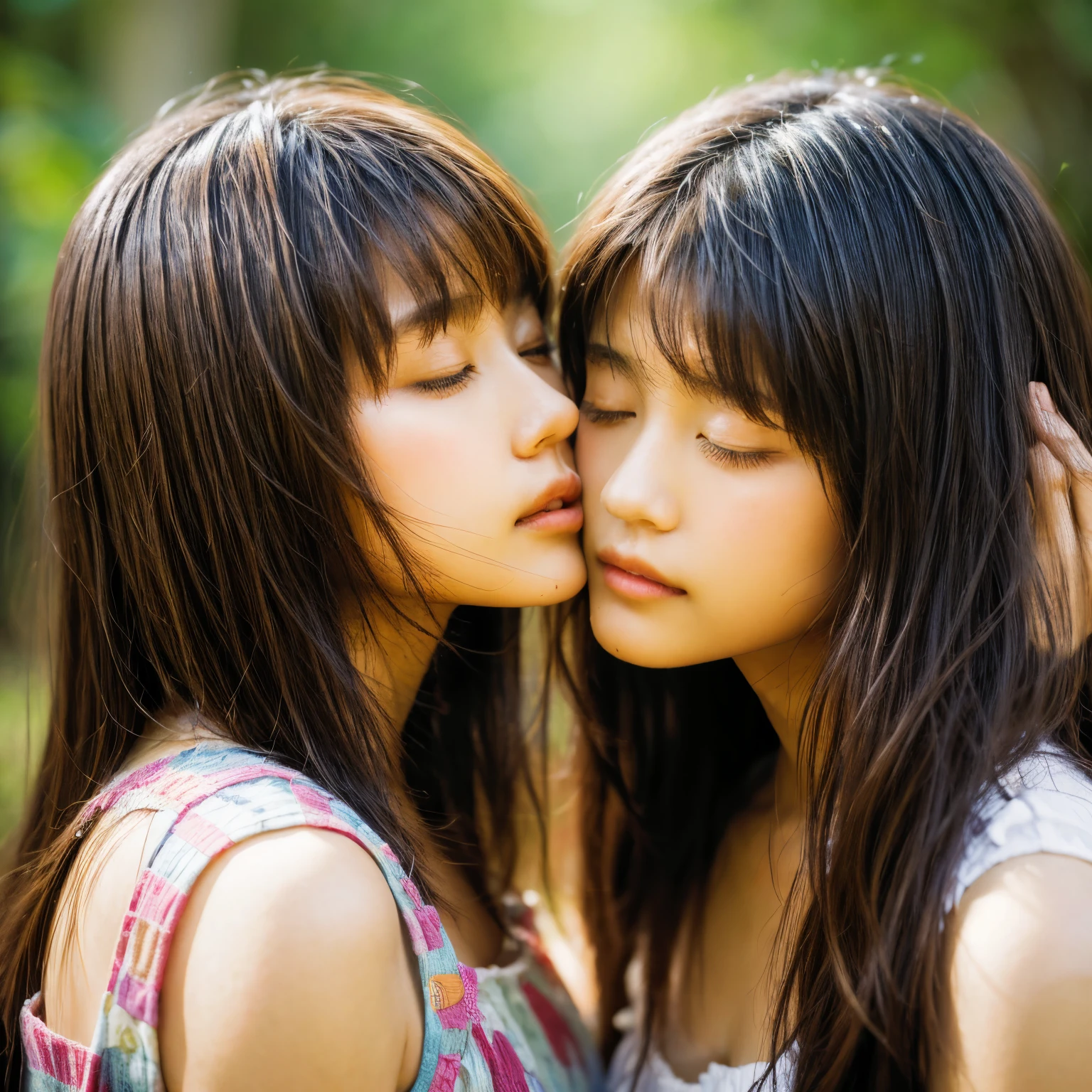 identical twin sisters、close your eyes、Trying to kiss, 16 years old, bangs