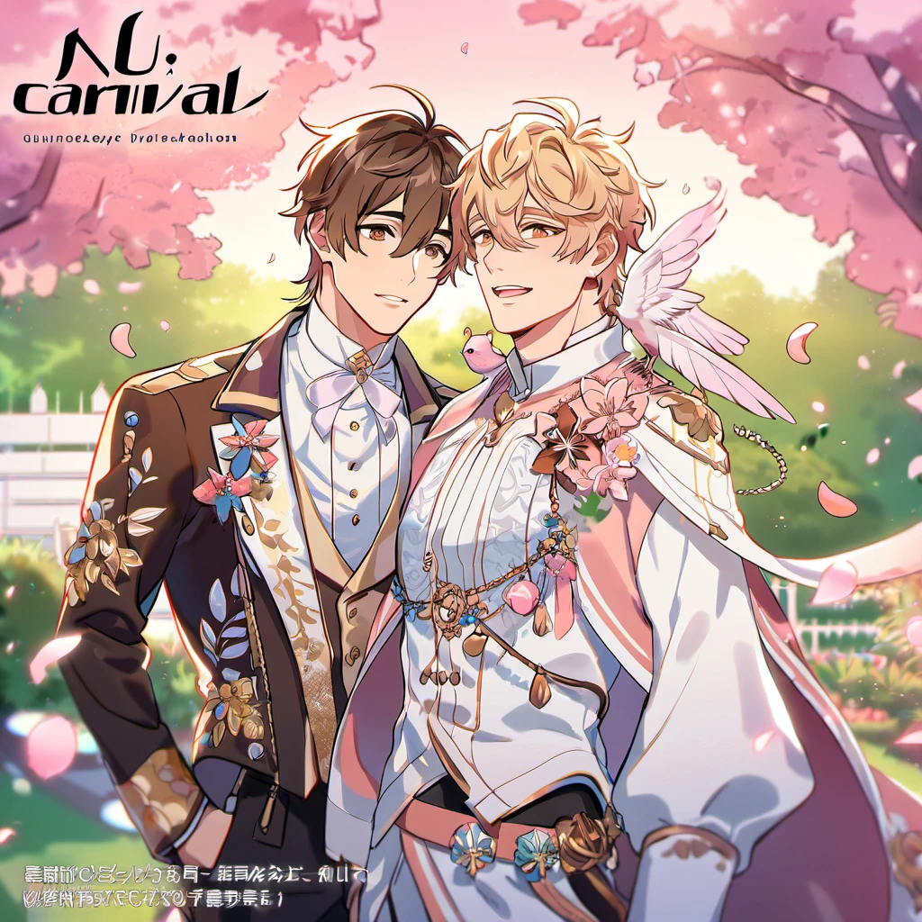 absurdres, highres, ultra detailed, HDR, masterpiece, Quincy, blond messy short hair, hair between the eyes, expressive orange eyes, Nu Carnival, Eiden, brown short hair, expressive brown eyes, designed with decorations such as pink leaves, blossoms and birds, 2men together, gay couple, handsome, garden, petals, black and white fantasy clothes