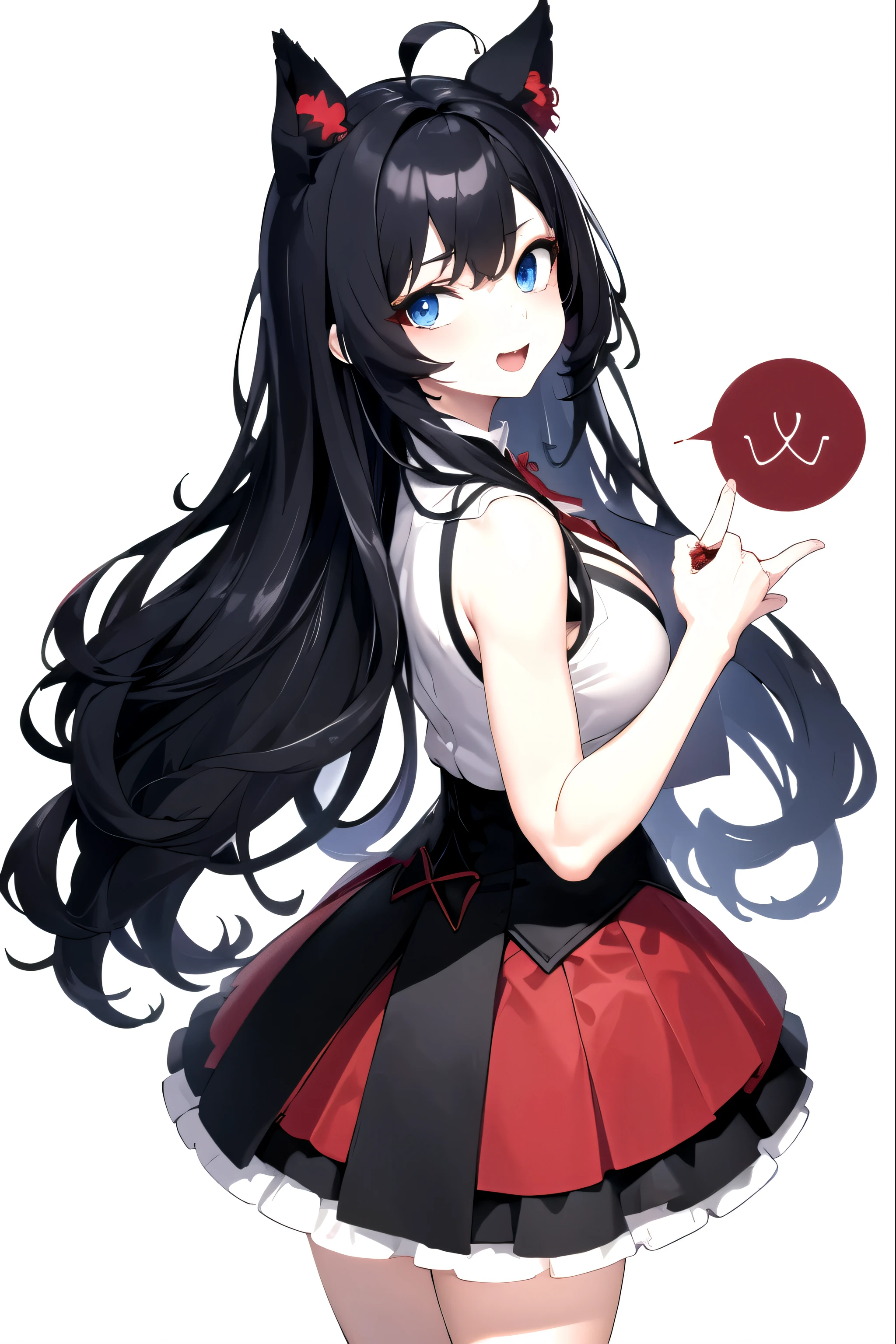 ((upright)), ((arm to the side)), looking at the viewer, simple background、white background, 1 girl, open your mouth, smile, Virtual YouTuber、with a girl、((highest quality, expensive_solve, clear_image)),(black hair), (black cat ears), (Ahoge), Long hair above chest, (wavy hair),Red earring color (blue eyes),、laughter、very big breasts、whole body、I can see the cleavage、Dressed in student uniform、Wine red and black outfit、Character sheet,character reference sheet, character design sheet, ((View from the front, View from behind)) symmetrical elements of clothing,