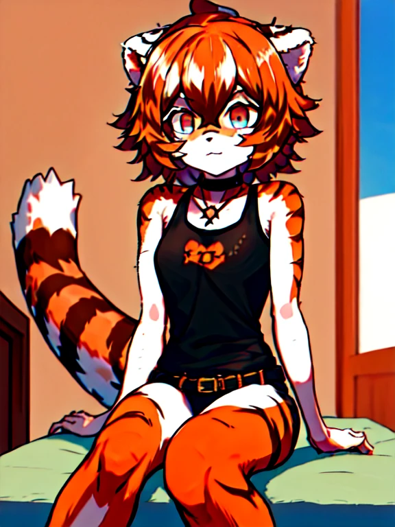 Masterpiece, intricate, anime style, full body, 1girl, rakkun, tanuki ears, red inner ears, red inner ear hair, 1tail, fluffy tail, racoon tail, brown and light brown ringed tail, beautiful eyes, detailed eyes, red and blue eyes blurred, short hair, red inner hair, brown hair, a strand of hair on the left side, red hair strips, short black shirt uncovered on the shoulders and with a black mesh with black borders up to the collar, polo shirt, short black skitr whit dark red checkered, black belt around the waist, looking at viewer, detailed face, best quality, 4k,highres, professional art, professional drawing, professional lineart, outlined markers