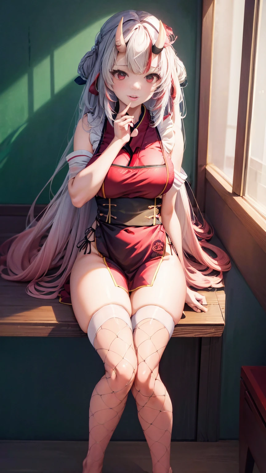 Anime girl sitting on chair, cute anime waifu in beautiful dress, azur lane style, Guweiz in Pixiv ArtStation, trending on artstation pixiv, Guweiz on ArtStation Pixiv, Anime goddess, onmyoji, trending on cgstation , anime style4 K, Guviz, perfect body, perfect breasts,((Best quality, 8k, Masterpiece :1.3)), Sharp focus :1.2, lewd face and holding a condom, ((hand between legs)), wearing legs, fishnet stockings, ((perfect face)), apron, nude, no underwear, slightly bent,hand between the legs, show pantie ,