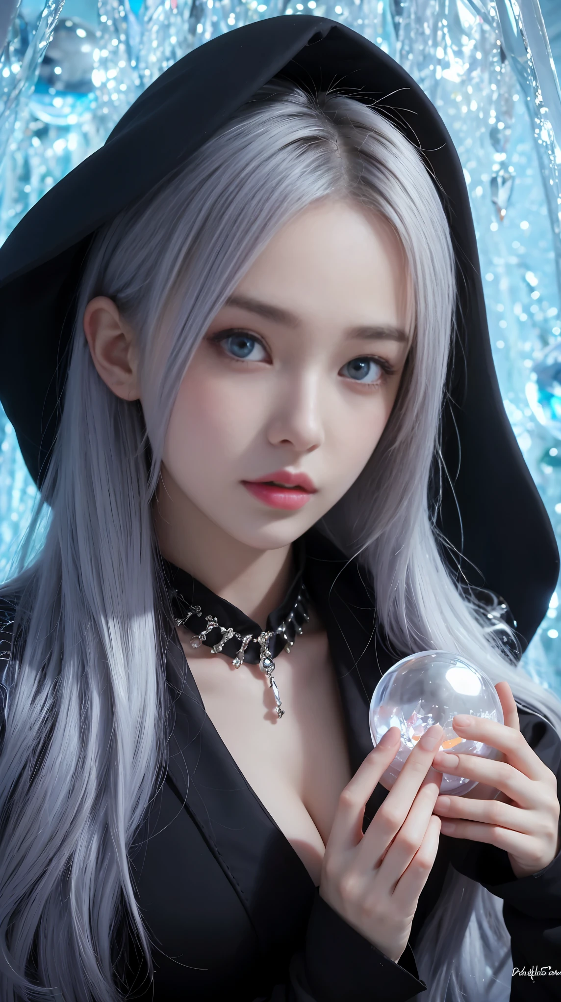 (and soul)(secondary elements)1 girl、blue hair、hair length、blue eyes、gradient eyes、sparkling eyes、bright pupils、finely tuned、expressive eyes、blue clothes、gem、blue lighting、blue theme、(form:1.5)、abstract、highest quality、Super detailed、(((Holding a crystal ball)))、8K,超realistic,(table top, highest quality) Daniela Dimitrescu, 1 female, looking for at Viewer, open your mouth, background, cleavage, real looking skin,jewelry, medium small breasts, looking for, Upper body, flower, wing, hood, necklace, cape, good, compensate, bug, Lipstick, Inside the Black Cave, precious stone, pale skin, veil, hood up, realistic, black lips,超A high resolution,Purple Flame(Purple Effect)