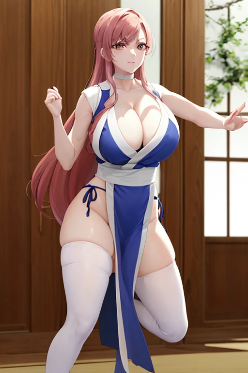 masterpiece, best quality, beautiful art, high resolution, well formed hands, body and fingers, 1 woman, solo, Hahari Hanazono, adult, big ed, cleava body, long hair, hair ornament, gorgeous legs and thighs, blue_kunoichi_dress, white stockings, sleeveless, she is fighting in a combat match at a martial arts tournament, she is getting ready to fight, making her guard pose, action and fighting scene, about to hit the viewer, looking at the viewer, sweating , feeling confident and proud, smiling joyfully and happily,  charming her opponent with her beauty, fighting scene, martial arts tournament on the beach 