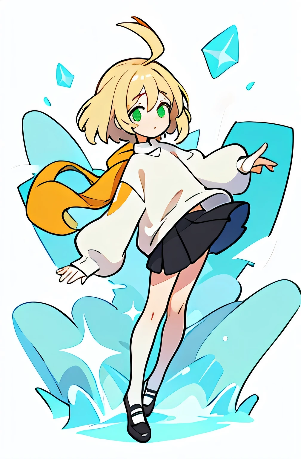 uma personagem de corpo inteiro, a large white sweatshirt and a short black skirt and white tights [[[[[sorrindo gentilmente]]]]], [[[[[pose fofa]]]]], shoulder length blonde hair and green eyes 