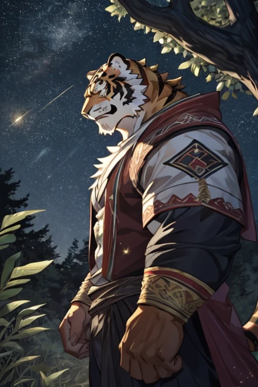 solo, kemono, (Tigre), antro, male, ((cuerpo naranja)), militar, armas en el suelo, cola, muscles, elegante, placa de identidad, Sin camisa, gran polla, polla gruesa, bosque, Fancy, al aire libre, afuera, oscuro, noche, bosque, estrellas, de pie, garras de los pies, epic, profundidad de campo, perfect lighting, (Light particle quality),(obra maestra),(ultra decolaed),sharp focus,light particles