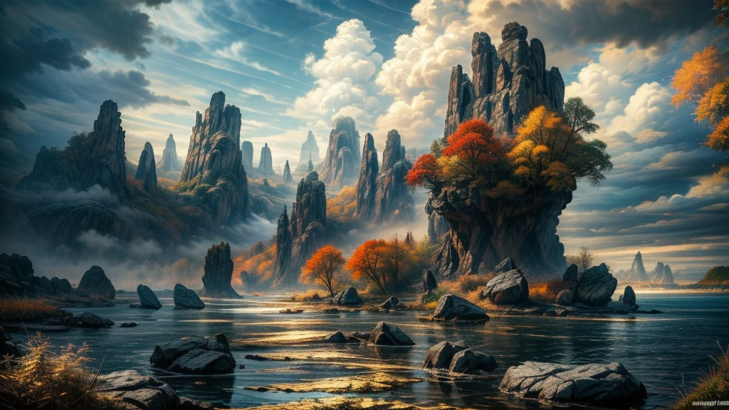 (masterpiece, best quality:1.2), Super details, movie lighting, high dynamic range, illustration, Fantasy, huge rocks serve as habitats in the sea, floating island, Fall, cloud, fog, rich and colorful, Woman traveling, mystery, Very detailed, high contrast, golden ratio composition, Epic views, masterpiece