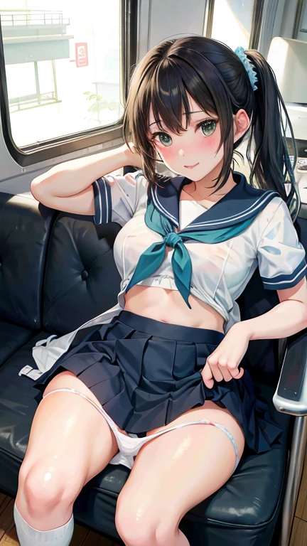 (masterpiece, best quality),
1girl, sitting, blush, embarrassed, seductive smile, light frown,
BREAK 5yo, (li:1.5), black hair, (high ponytail, medium ponytail), curly hair, (aqua scrunchie:1.3), aqua eyes, (tareme:1.3), (huge breasts:1.2), hanging breasts,
(half-closed eyes:1.1),
BREAK ((school uniform, serafuku):1.0), (white shirt, white sleeves, short sleeves:1.2), (navy sailor collar), (aqua neckerchief:1.2), sleeve lines, bare arms, (open clothes:1.3), shirt lift, bra lift, nipples, white bra,
BREAK (navy skirt), (white socks:1.2), loafers, (skirt lift:1.3), (panty pull:1.3), pussy,
BREAK train interior,