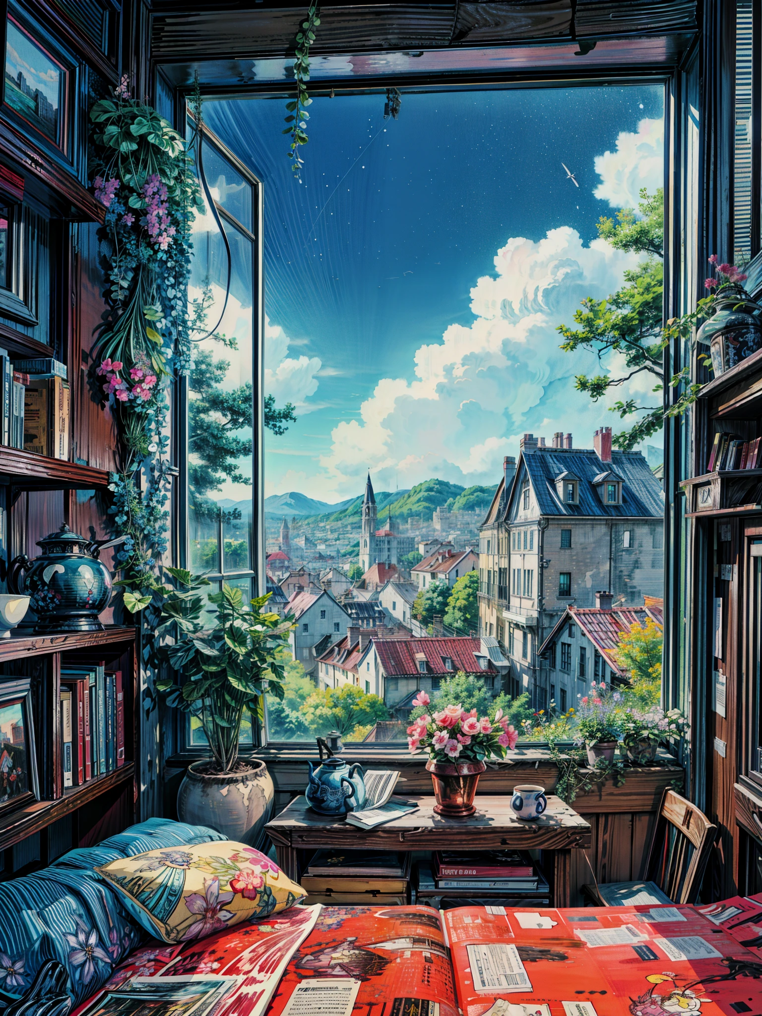 a painting of a window with a view of a city, personal room background, library background, anime landscape, hd anime cityscape, anime / manga, anime nature wallpap, anime landscape wallpaper, books and flowers, anime scenery, dream scenery art, anime wallaper, anime background, beautiful anime art, makoto shinkai and (cain kuga), detailed anime art, 4k hd,, beautiful art uhd 4 k, a beautiful artwork illustration, beautiful digital painting, highly detailed digital painting, beautiful digital artwork, detailed painting 4 k, very detailed digital painting, rich picturesque colors, gorgeous digital painting