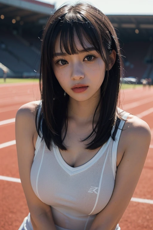 (8K, Raw photo, realistic: 1.25), (Partially gray hair, Cherry colored natural lips, thin eyebrows, eyelash, teardrops, snappy bangs, shiny face, shiny skin, highest quality, ultra high resolution, Depth of written boundary, chromatic aberration, caustics, Vivid photogravure-like lighting, natural shading, Neat and clean Japan woman, ,Glasses, kind, beautiful black hair, smile, Small devil, show me your ears、photo shoot, cute face, thighs, film grain, chromatic aberration, sharp focus, face light, clear lighting, Ten generations, detailed face, background bokeh、((((((15 years oldGlassesをかけている, very big breasts, slender body, Athletics attire, Background is an outdoor athletics stadium, sexy pose, full shot