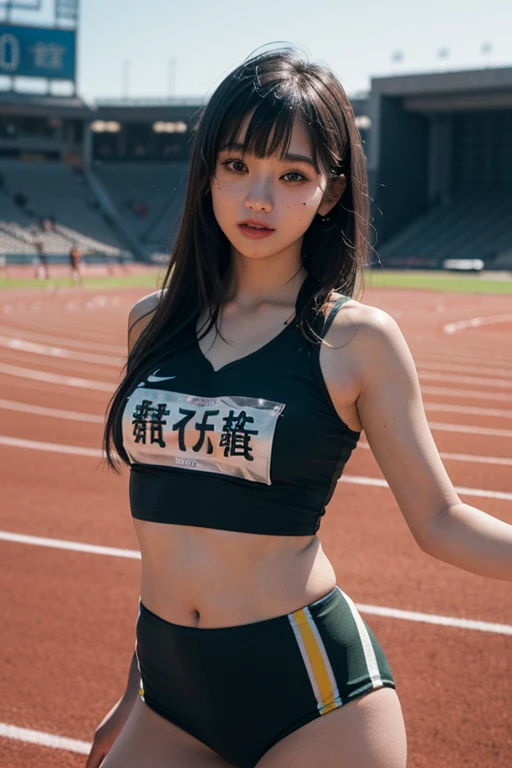 (8K, Raw photo, realistic: 1.25), (Partially gray hair, Cherry colored natural lips, thin eyebrows, eyelash, teardrops, snappy bangs, shiny face, shiny skin, highest quality, ultra high resolution, Depth of written boundary, chromatic aberration, caustics, Vivid photogravure-like lighting, natural shading, Neat and clean Japan woman, ,Glasses, kind, beautiful black hair, smile, Small devil, show me your ears、photo shoot, cute face, thighs, film grain, chromatic aberration, sharp focus, face light, clear lighting, Ten generations, detailed face, background bokeh、((((((15 years oldGlassesをかけている, very big breasts, slender body, Athletics attire, Background is an outdoor athletics stadium, sexy pose, full shot