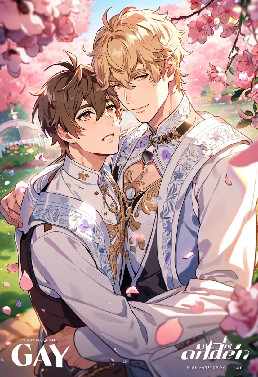 absurdres, highres, ultra detailed, HDR, masterpiece, Quincy, blond messy short hair, hair between the eyes, expressive orange eyes, Nu Carnival, Eiden, brown short hair, expressive brown eyes, designed with decorations such as pink leaves, blossoms and birds, 2men together, gay couple, handsome, garden, petals, black and white fantasy clothes