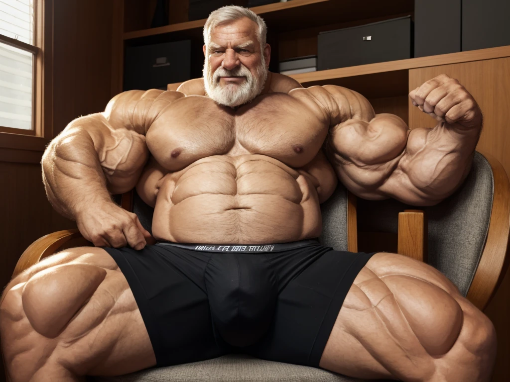 Wide medium shots, ground level camera shot, ,((hyper muscular)) old man sitting in chair, hand on chest, black underpants , hyper muscle, hyper pectoral, hyper bicep, hyper arms, bulge, white and short hair, super thick arms, super big pectoral, super wide pectoral, topless, shirtless. 