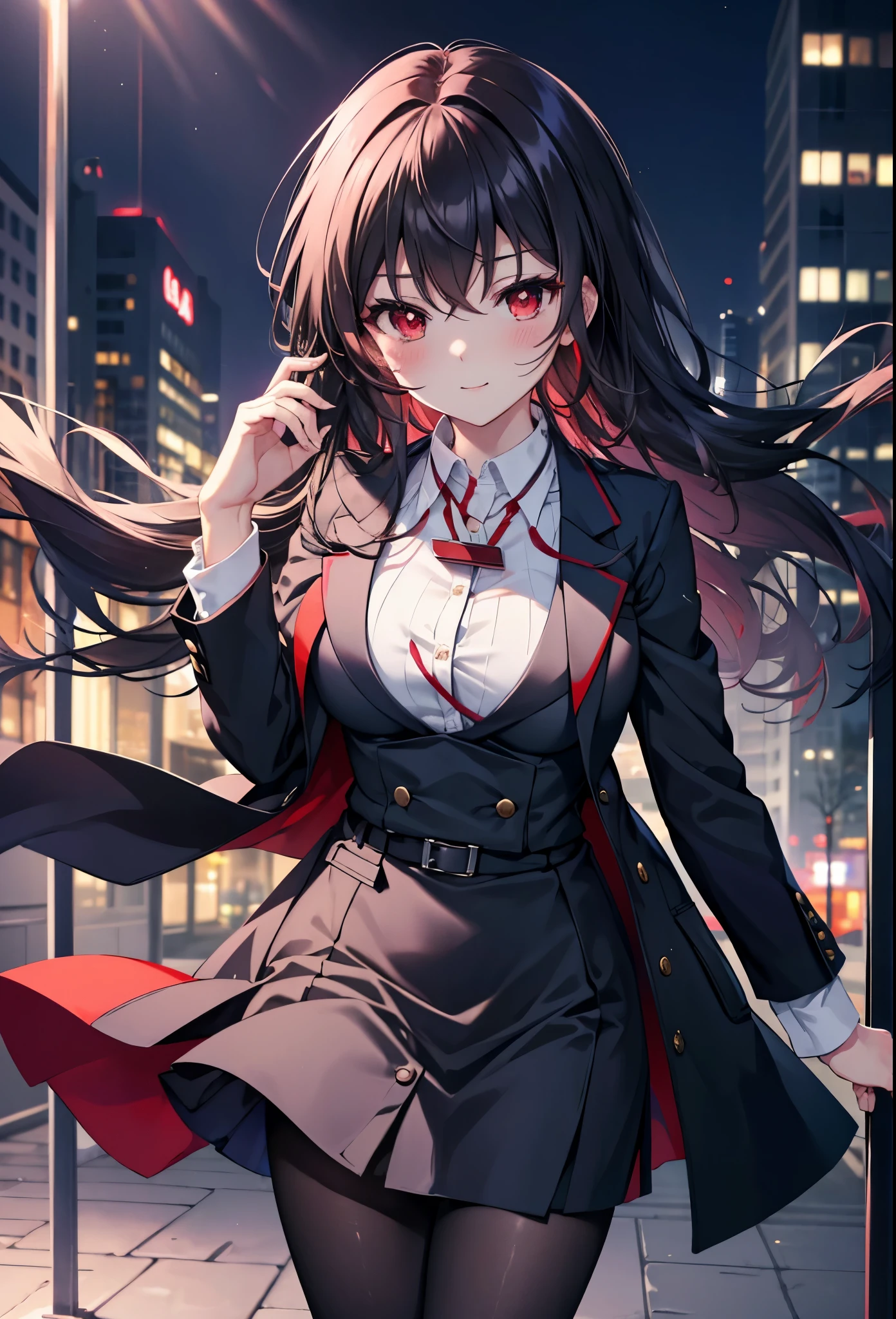 Commercial Purpose, utaha kasumigaoka, black hair, white hair band, long hair, (red eyes:1.5),blush,happy smile, smile, open your mouth,OL, red glasses, end, black suit jacket, collared jacket, white dress shirt, collared shirt, neckline, button, strap, ID card on the neck, black pencil skirt, black pantyhose,stiletto heels,morning,morning陽,the sun is rising,
break looking at viewer,whole body,(cowboy shot:1. 5)
break outdoors, building street,city,
break (masterpiece:1.2), highest quality, High resolution, unity 8k wallpaper, (shape:0.8), (fine and beautiful eyes:1.6), highly detailed face, perfect lighting, Very detailed CG, (perfect hands, perfect anatomy),