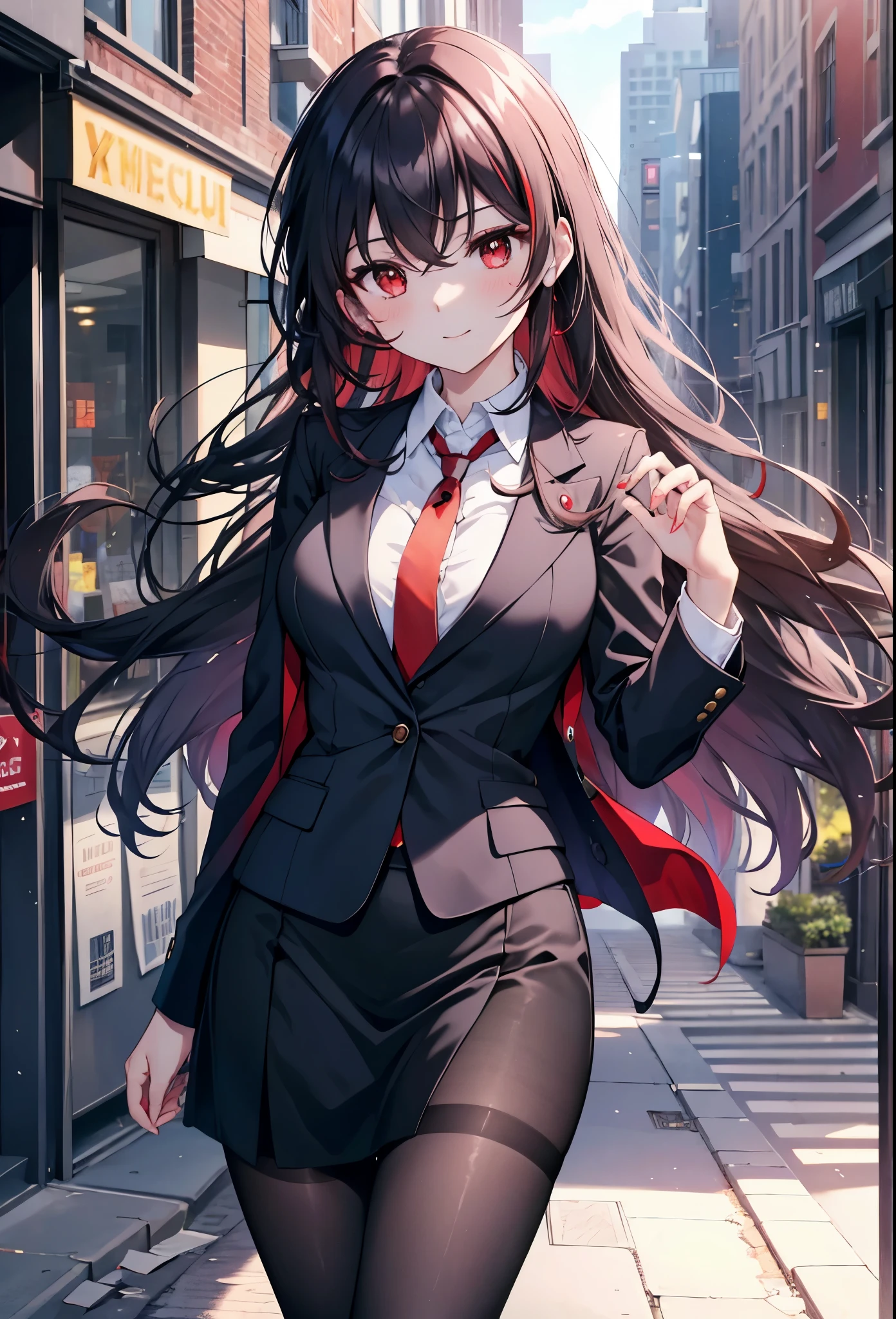 Commercial Purpose, utaha kasumigaoka, black hair, white hair band, long hair, (red eyes:1.5),blush,happy smile, smile, open your mouth,OL, red glasses, end, black suit jacket, collared jacket, white dress shirt, collared shirt, neckline, button, strap, ID card on the neck, black pencil skirt, black pantyhose,stiletto heels,morning,morning陽,the sun is rising,
break looking at viewer,whole body,(cowboy shot:1. 5)
break outdoors, building street,city,
break (masterpiece:1.2), highest quality, High resolution, unity 8k wallpaper, (shape:0.8), (fine and beautiful eyes:1.6), highly detailed face, perfect lighting, Very detailed CG, (perfect hands, perfect anatomy),