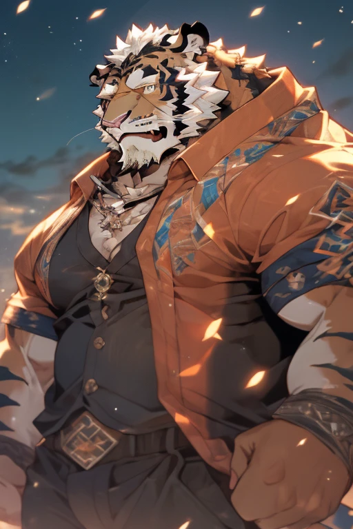 solo, kemono, (Tigre), el segundo, male, ((cuerpo naranja)), militar, armas en el suelo, cola, muscles, elegante, placa de identidad, sin camisa, gran polla, polla gruesa, bosque, Elegante, al aire libre, afuera, oscuro, Noche, bosque, estrellas, de pie, garras de los pies, epic, profundidad de campo, perfect lighting, (Light particle quality),(obra maestra),(ultra genial),sharp focus,light particles