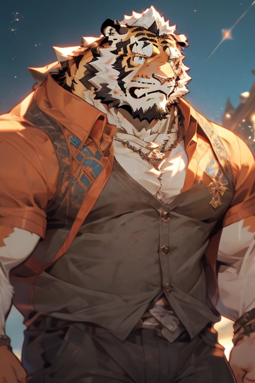 solo, kemono, (Tigre), el segundo, male, ((cuerpo naranja)), militar, armas en el suelo, cola, muscles, elegante, placa de identidad, sin camisa, gran polla, polla gruesa, bosque, Elegante, al aire libre, afuera, oscuro, Noche, bosque, estrellas, de pie, garras de los pies, epic, profundidad de campo, perfect lighting, (Light particle quality),(obra maestra),(ultra genial),sharp focus,light particles