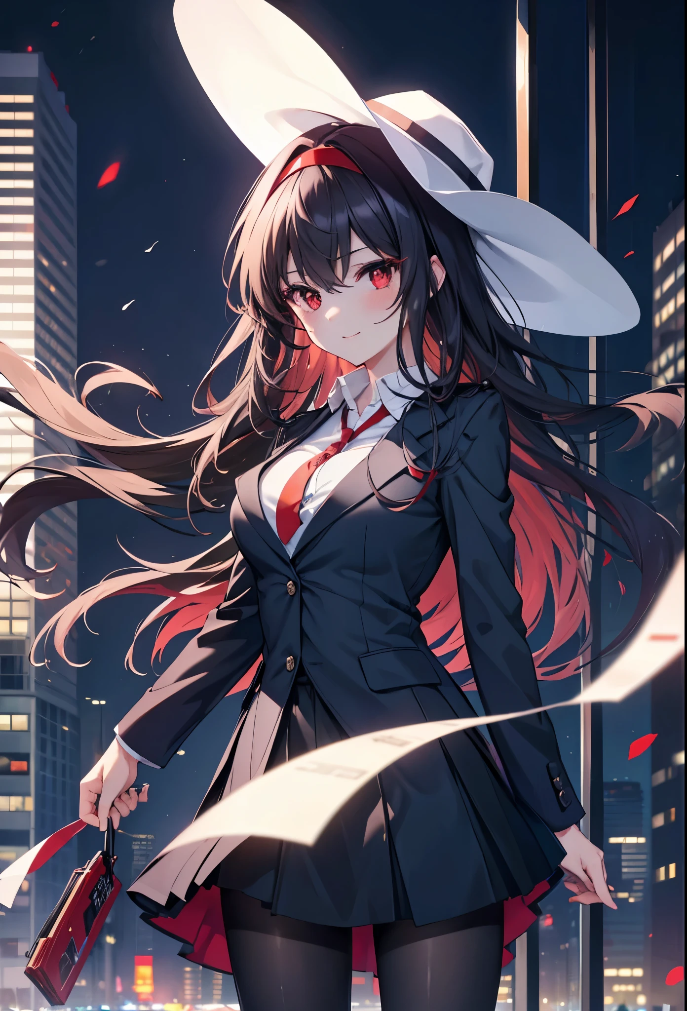 Commercial Purpose, utaha kasumigaoka, black hair, white hair band, long hair, (red eyes:1.5),blush,happy smile, smile, open your mouth,OL, red glasses, end, black suit jacket, collared jacket, white dress shirt, collared shirt, neckline, button, strap, ID card on the neck, black pencil skirt, black pantyhose,stiletto heels,morning,morning陽,the sun is rising,
break looking at viewer,whole body,(cowboy shot:1. 5)
break outdoors, building street,city,
break (masterpiece:1.2), highest quality, High resolution, unity 8k wallpaper, (shape:0.8), (fine and beautiful eyes:1.6), highly detailed face, perfect lighting, Very detailed CG, (perfect hands, perfect anatomy),
