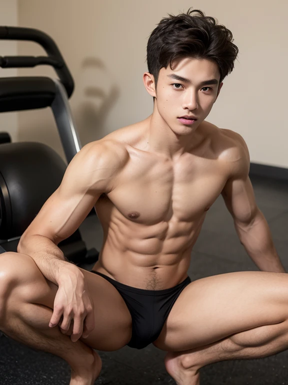 boy, 17 y.o, tan skin, comma hair, fit body, naked exercise, gym trainer with dick