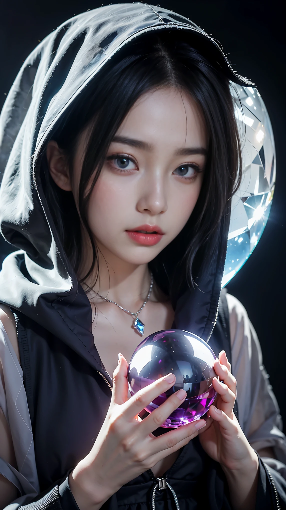 (and soul)(secondary elements)1 girl、blue hair、hair length、blue eyes、gradient eyes、sparkling eyes、bright pupils、finely tuned、expressive eyes、blue clothes、gem、blue lighting、blue theme、(form:1.5)、abstract、highest quality、Super detailed、(((Holding a crystal ball)))、8K,超realistic,(table top, highest quality) Daniela Dimitrescu, 1 female, looking for at Viewer, open your mouth, background, cleavage, real looking skin,jewelry, medium small breasts, looking for, Upper body, flower, wing, hood, necklace, cape, good, compensate, bug, Lipstick, Inside the Black Cave, precious stone, pale skin, veil, hood up, realistic, black lips,超A high resolution,Purple Flame(Purple Effect)