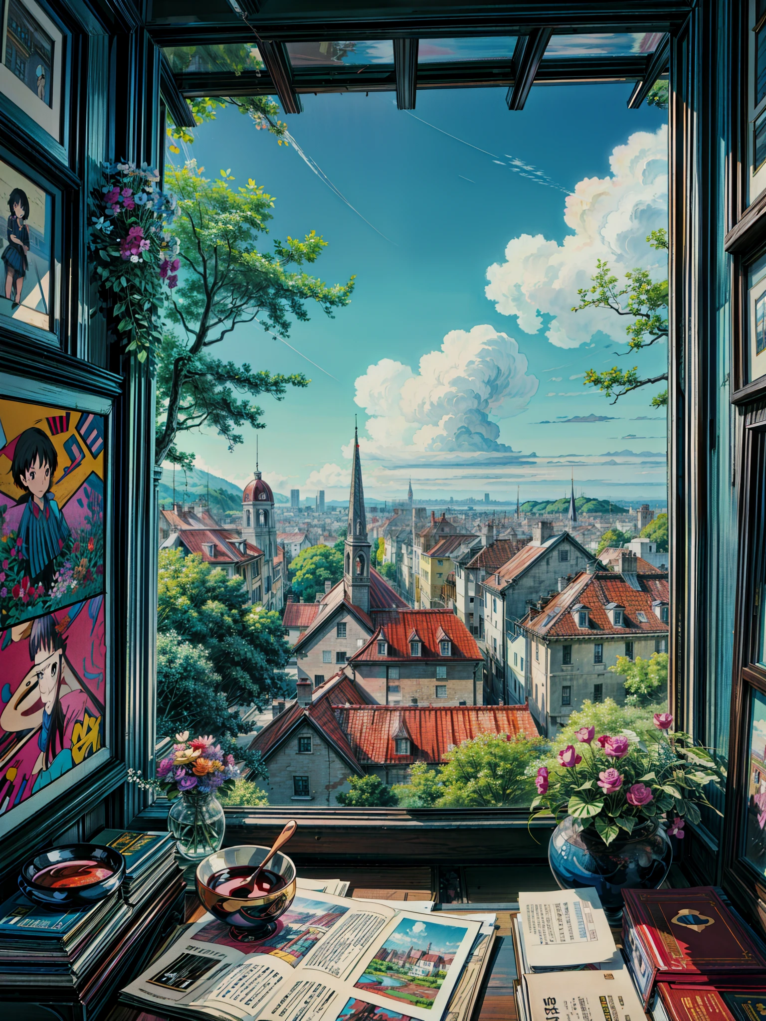 a painting of a window with a view of a city, personal room background, library background, anime landscape, hd anime cityscape, anime / manga, anime nature wallpap, anime landscape wallpaper, books and flowers, anime scenery, dream scenery art, anime wallaper, anime background, beautiful anime art, makoto shinkai and (cain kuga), detailed anime art, 4k hd,, beautiful art uhd 4 k, a beautiful artwork illustration, beautiful digital painting, highly detailed digital painting, beautiful digital artwork, detailed painting 4 k, very detailed digital painting, rich picturesque colors, gorgeous digital painting