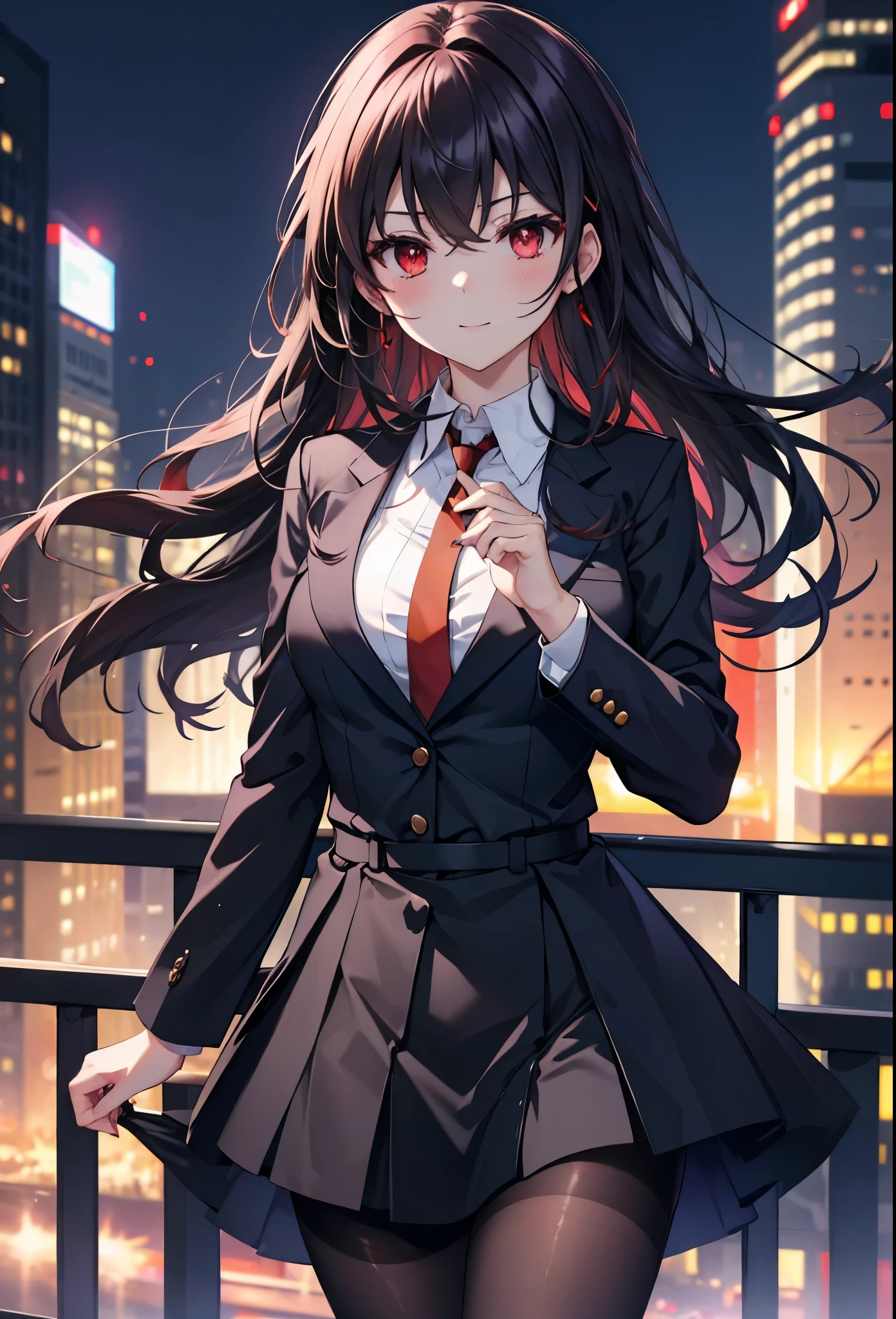 Commercial Purpose, utaha kasumigaoka, black hair, white hair band, long hair, (red eyes:1.5),blush,happy smile, smile, open your mouth,OL, red glasses, end, black suit jacket, collared jacket, white dress shirt, collared shirt, neckline, button, strap, ID card on the neck, black pencil skirt, black pantyhose,stiletto heels,morning,morning陽,the sun is rising,
break looking at viewer,whole body,(cowboy shot:1. 5)
break outdoors, building street,city,
break (masterpiece:1.2), highest quality, High resolution, unity 8k wallpaper, (shape:0.8), (fine and beautiful eyes:1.6), highly detailed face, perfect lighting, Very detailed CG, (perfect hands, perfect anatomy),